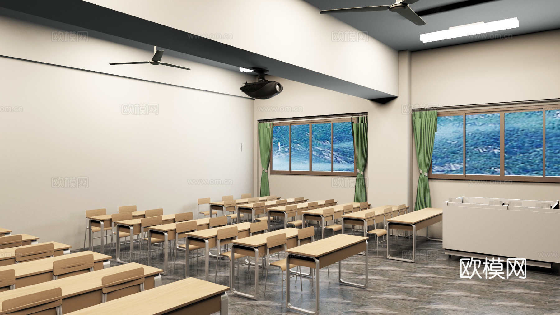 小学教室 课桌 黑板3d模型下载（渲染图2）