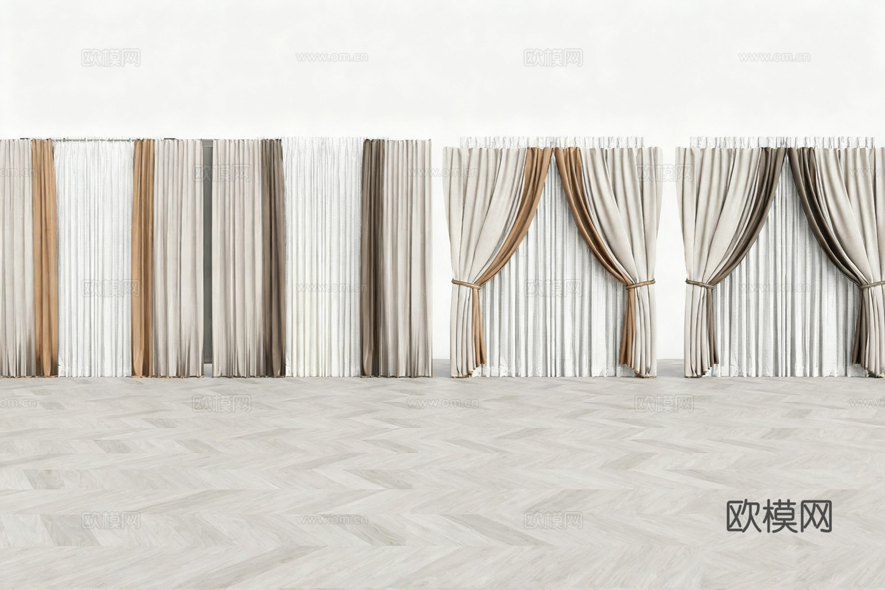 现代窗帘 多层窗帘 纱帘遮光帘 法式褶皱工艺窗帘su模型