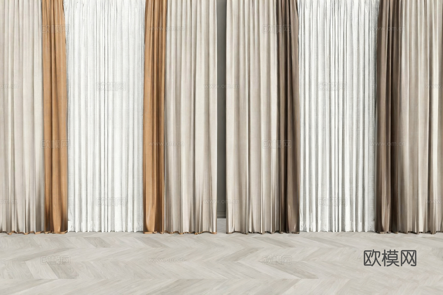 现代窗帘 多层窗帘 纱帘遮光帘 法式褶皱工艺窗帘su模型