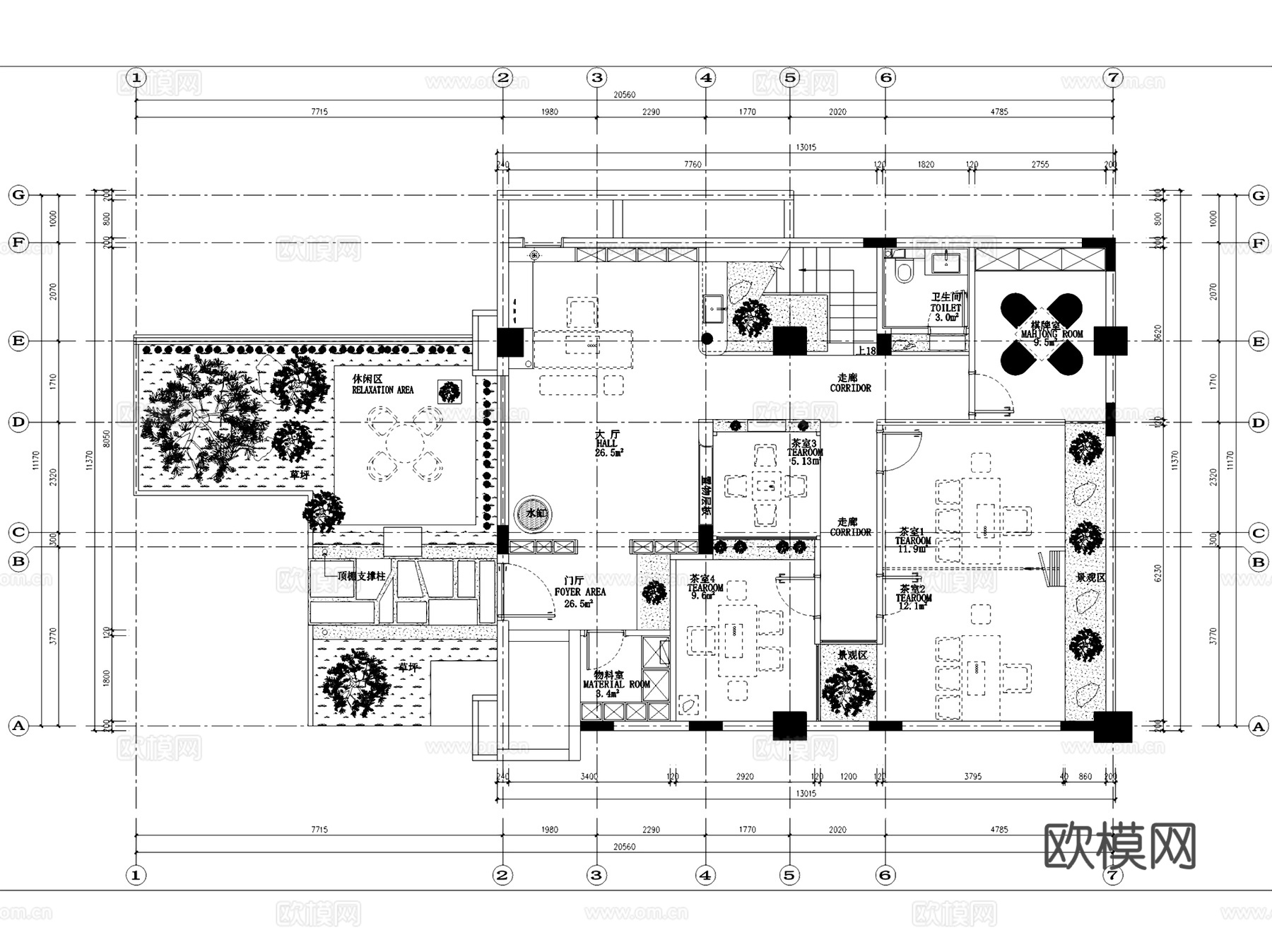 南昌二层中式浮云茶馆茶居会所室内工装CAD施工图整套cad施工图