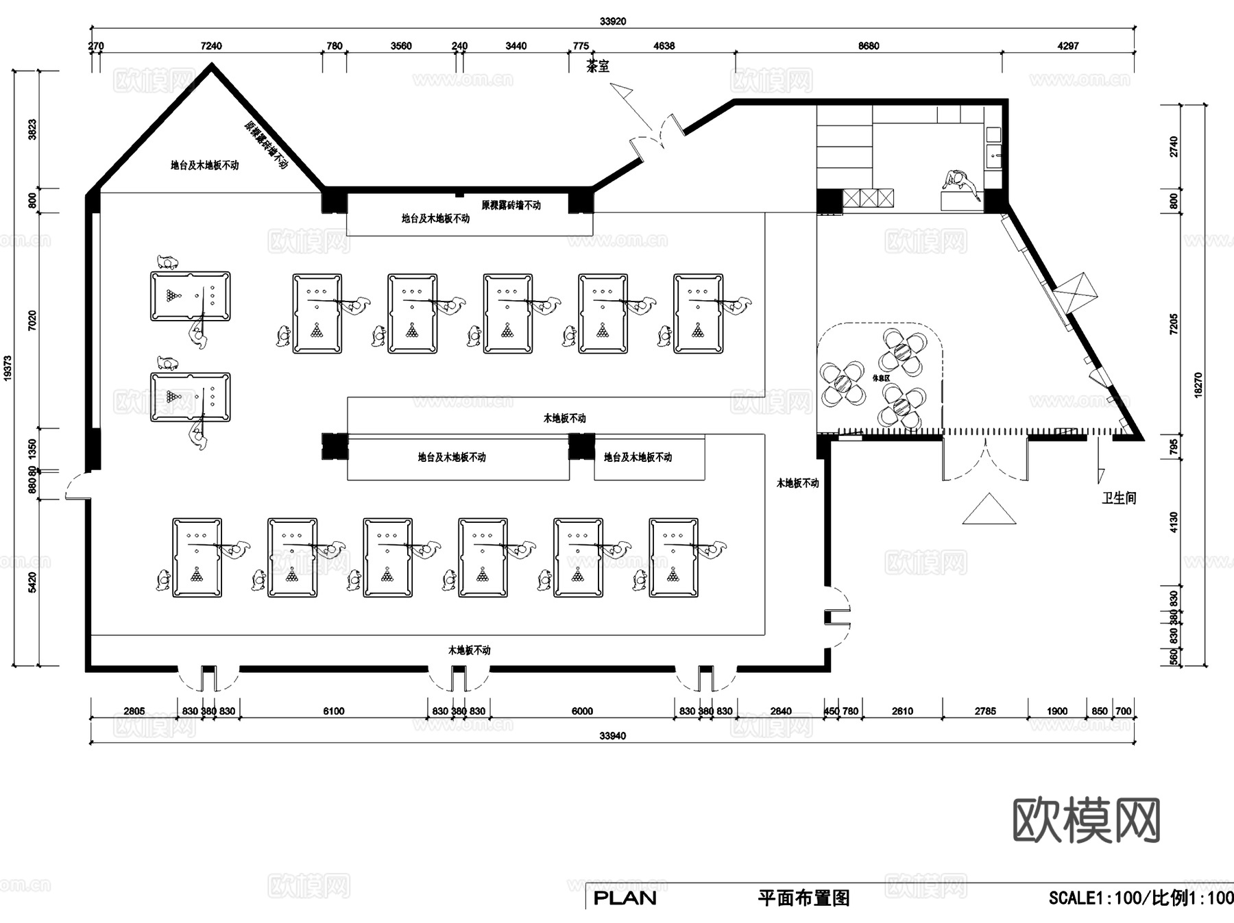 798连锁台球厅室内工装CAD施工图cad施工图