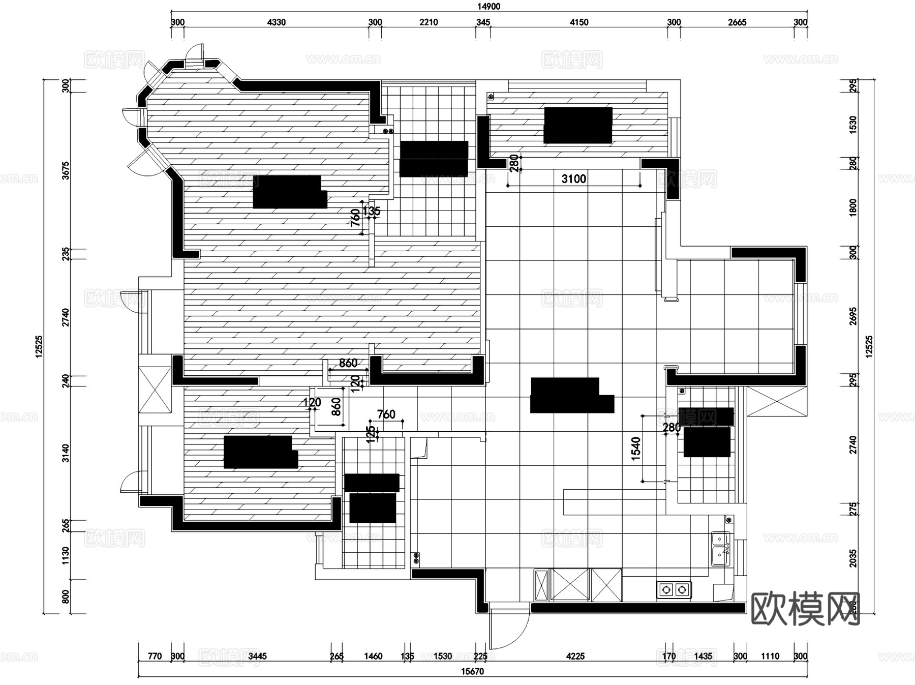 橡树湾C1-1-3004无主灯室内家装CAD施工图整套cad施工图cad施工图