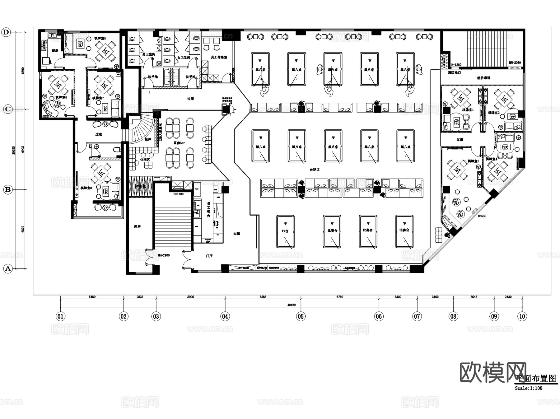 798台球厅棋牌室俱乐部室内工装CAD施工图cad施工图