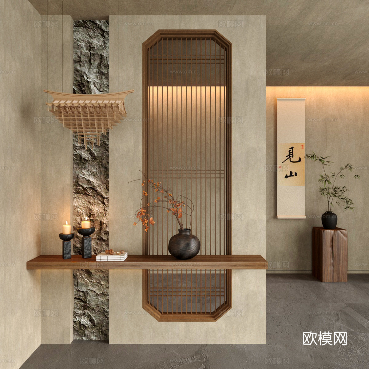 新中式花格隔断玄关隔断吊灯3d模型下载