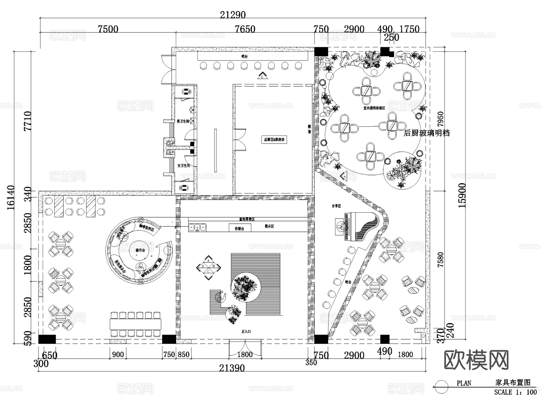 北欧风格咖啡厅室内工装CAD施工图+3Dmax模型cad施工图