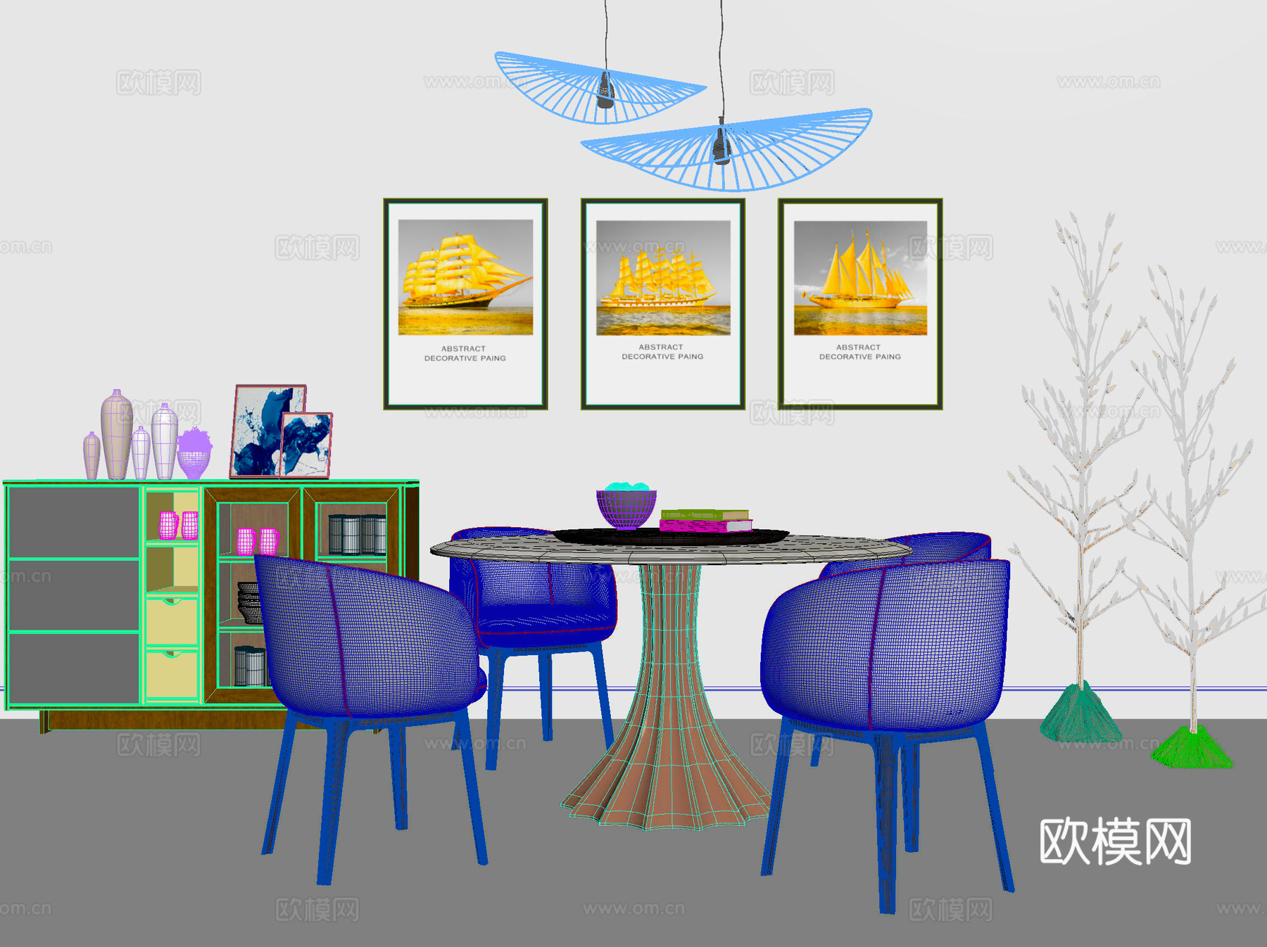 桌椅 餐桌椅 洽谈桌椅 储物柜 吊灯3d模型