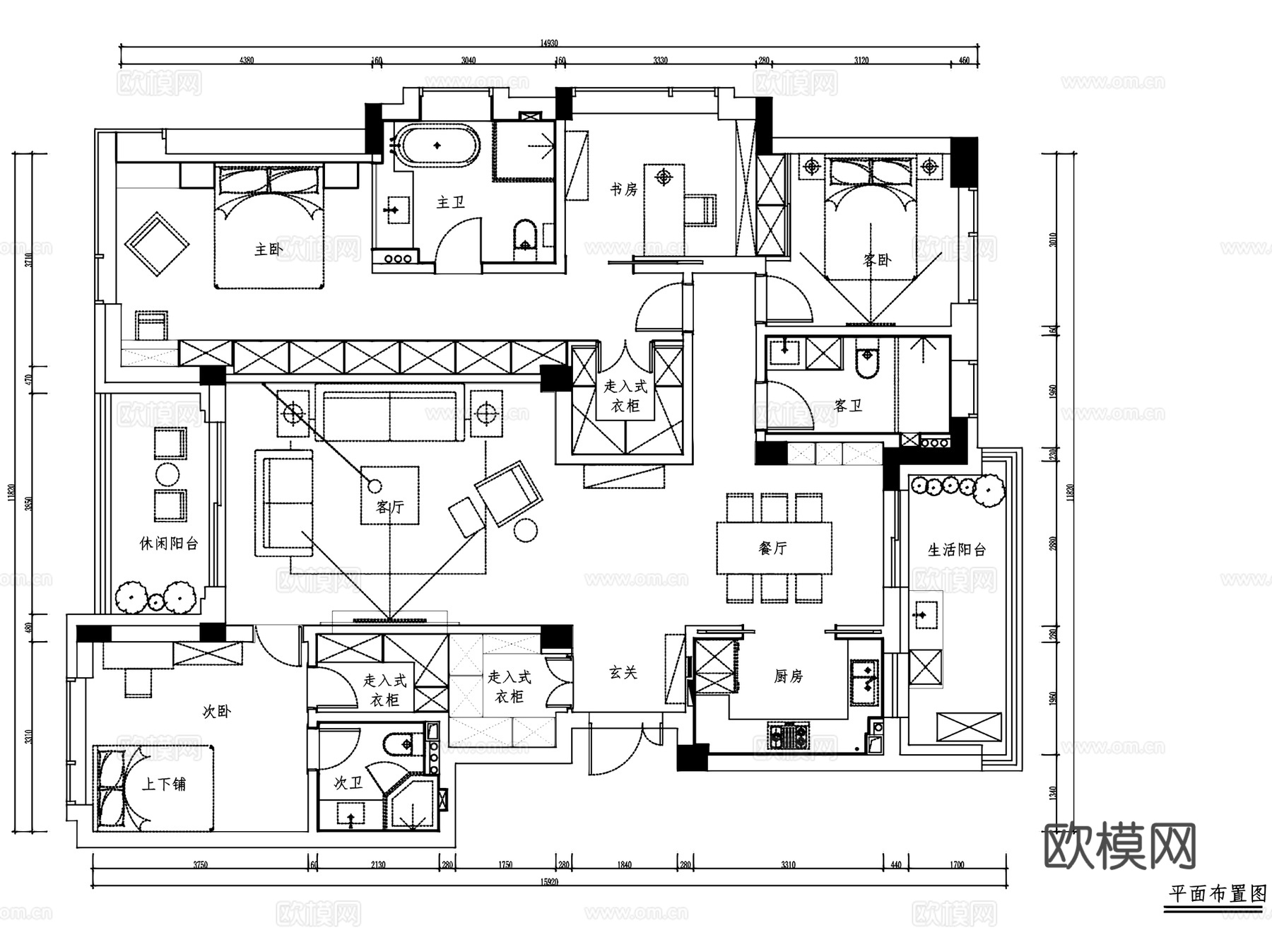杭州凯旋门4-3-402无主灯室内家装CAD施工图整套cad施工图