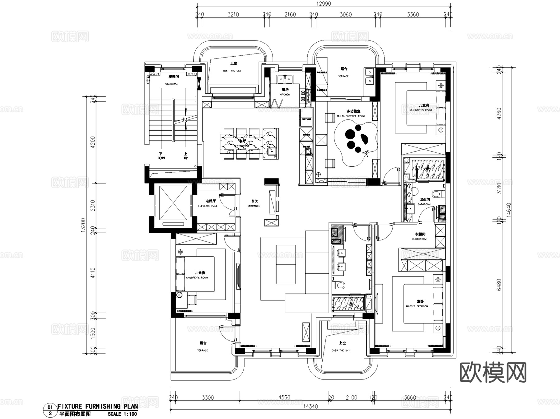 现代极简三室两厅无主灯室内家装CAD施工图整套cad施工图