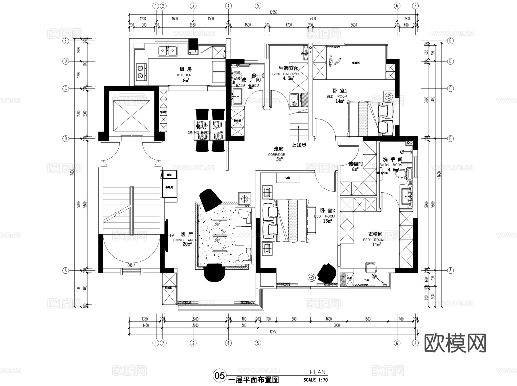 达州通锦国际嘉园三期三层别墅带屋顶花园无主灯家装cad施工图