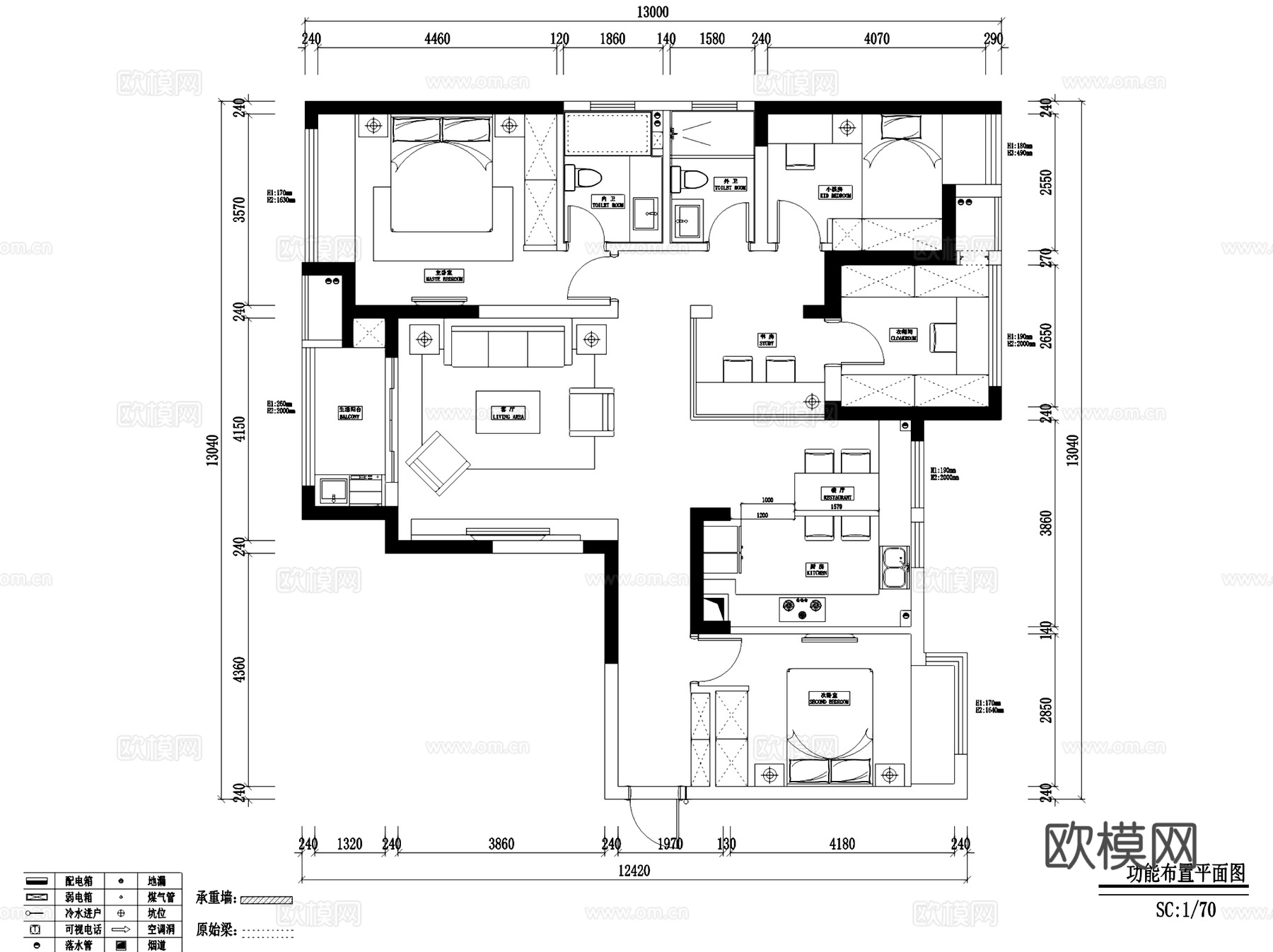 中央华城F3-乙-2104无主灯室内家装CAD施工图整套cad施工图