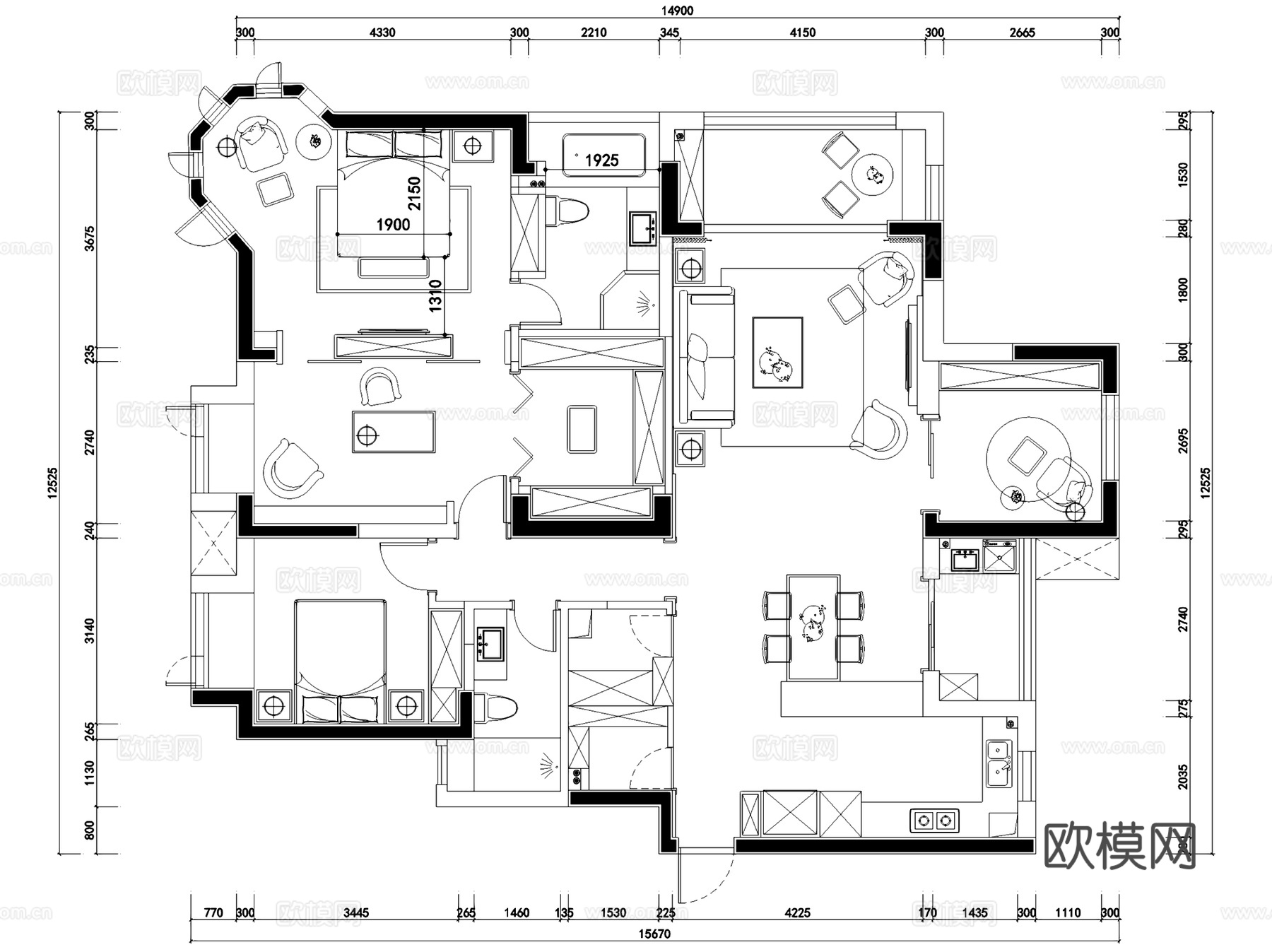 橡树湾C1-1-3004无主灯室内家装CAD施工图整套cad施工图cad施工图