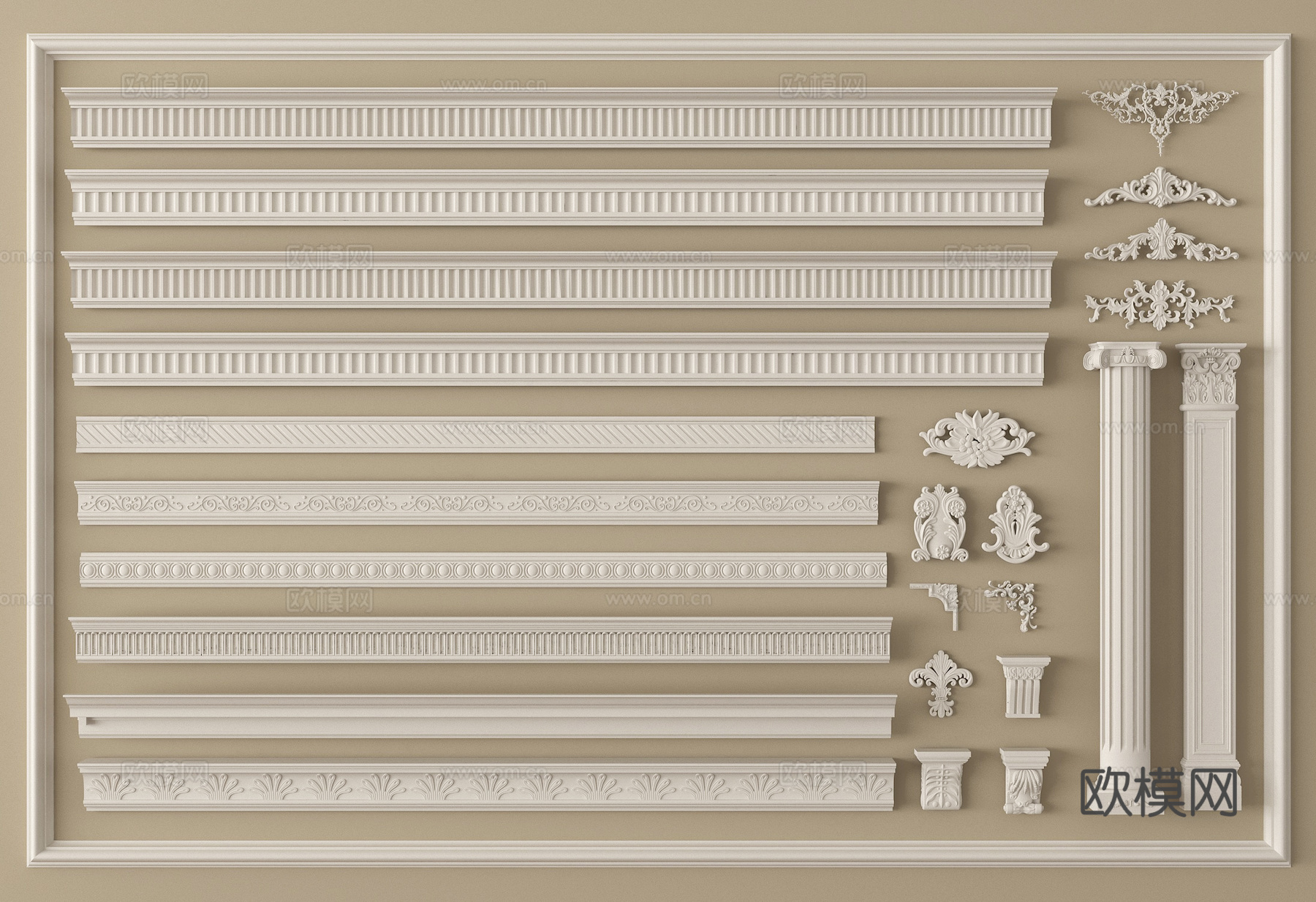 法式石膏线 雕花 罗马柱 装饰线条 顶角线su模型