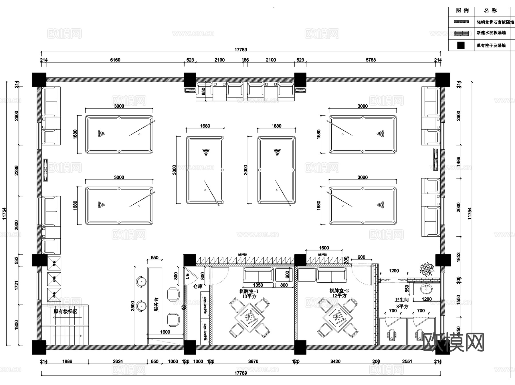 台球厅棋牌室室内工装平面系统图CAD施工图cad施工图
