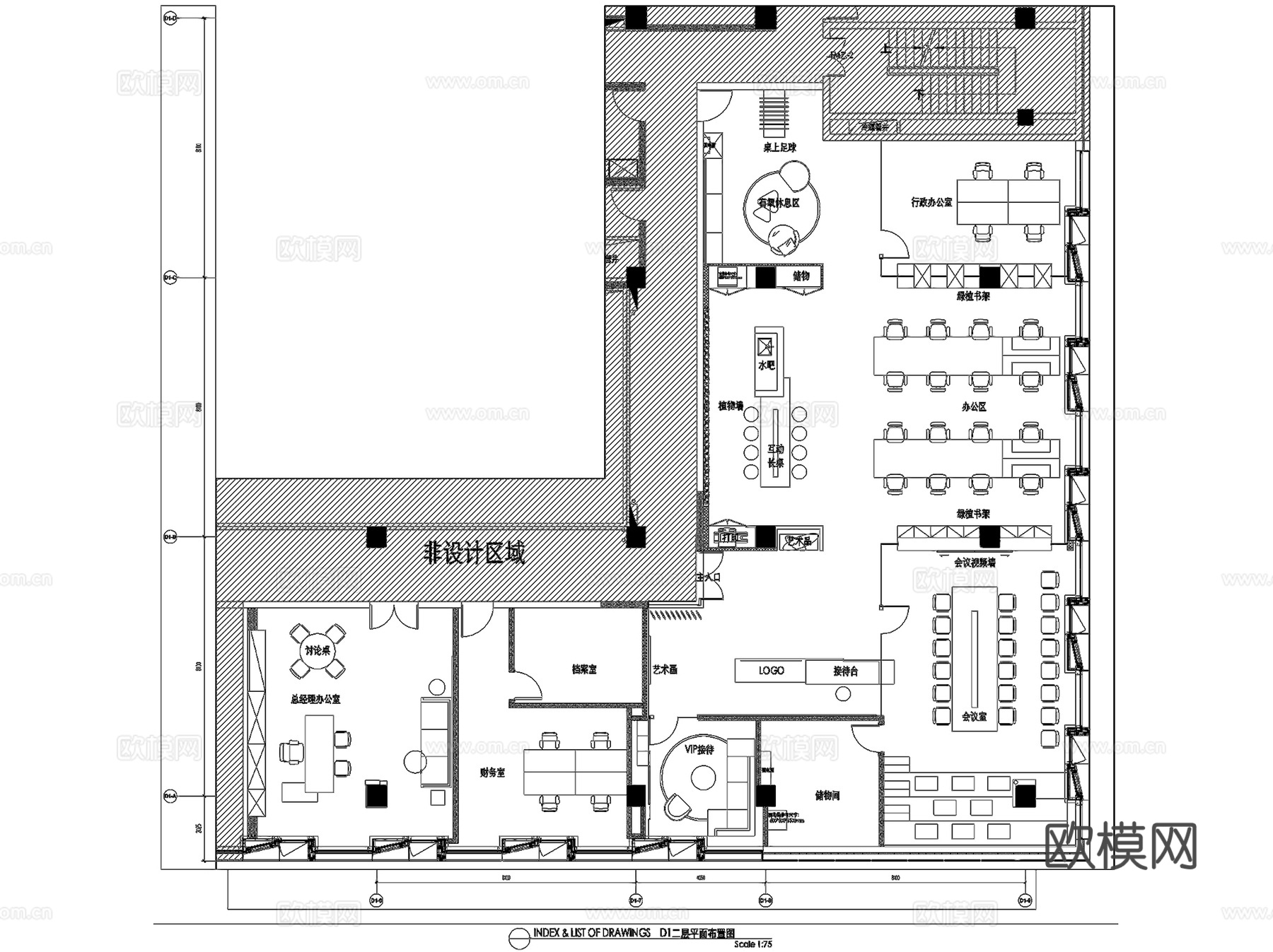 上海万科御河硅谷D1楼二层运营办公室室内工装CAD施工图整套cad施工图