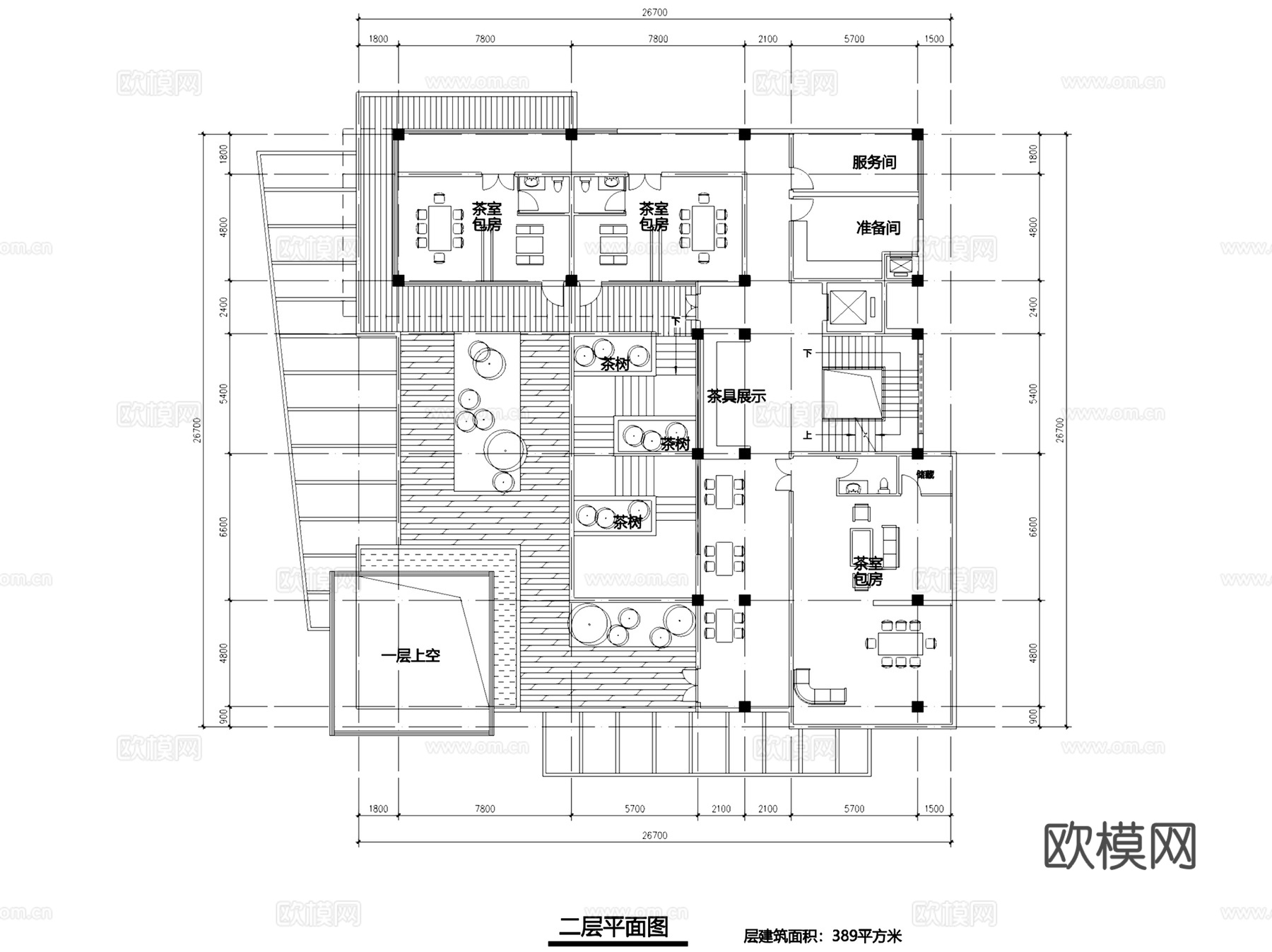 四层茶楼茶室会所带屋顶花园建筑平面CAD施工图+SUcad施工图