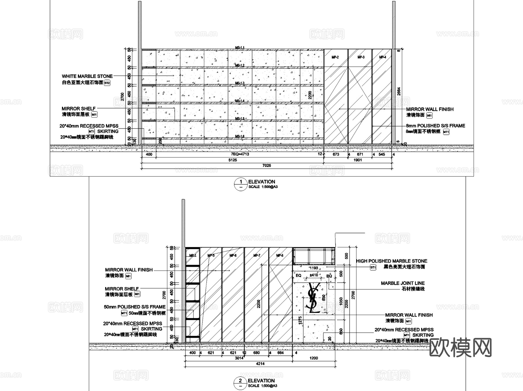 巴黎圣罗兰美妆化妆品店室内工装CAD施工图+SU模型cad施工图