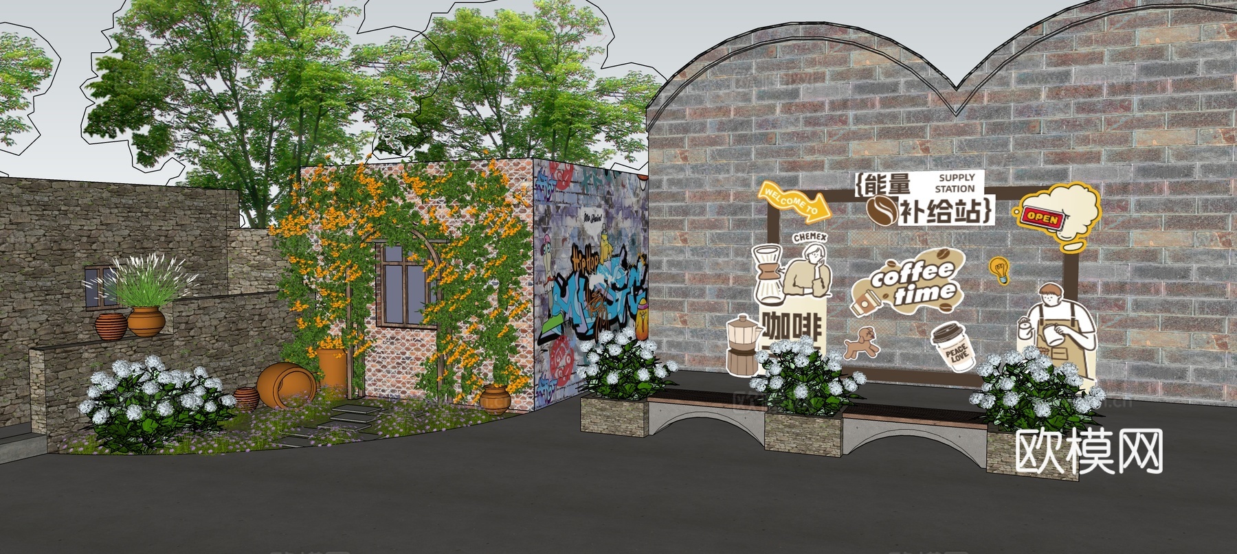 咖啡吧室外角落景观su模型