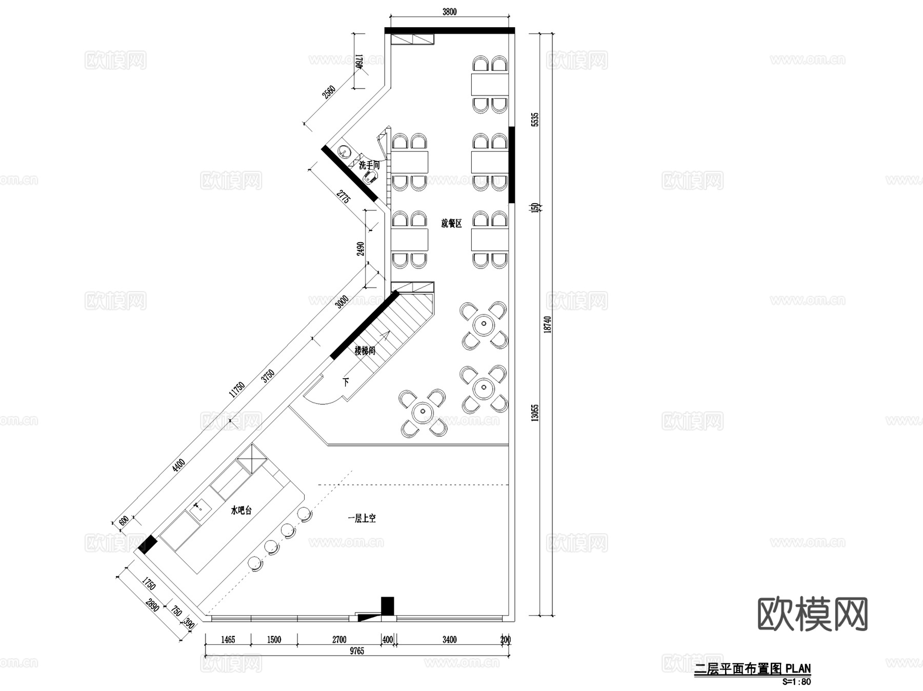 现代二层咖啡店室内工装CAD施工图整套cad施工图