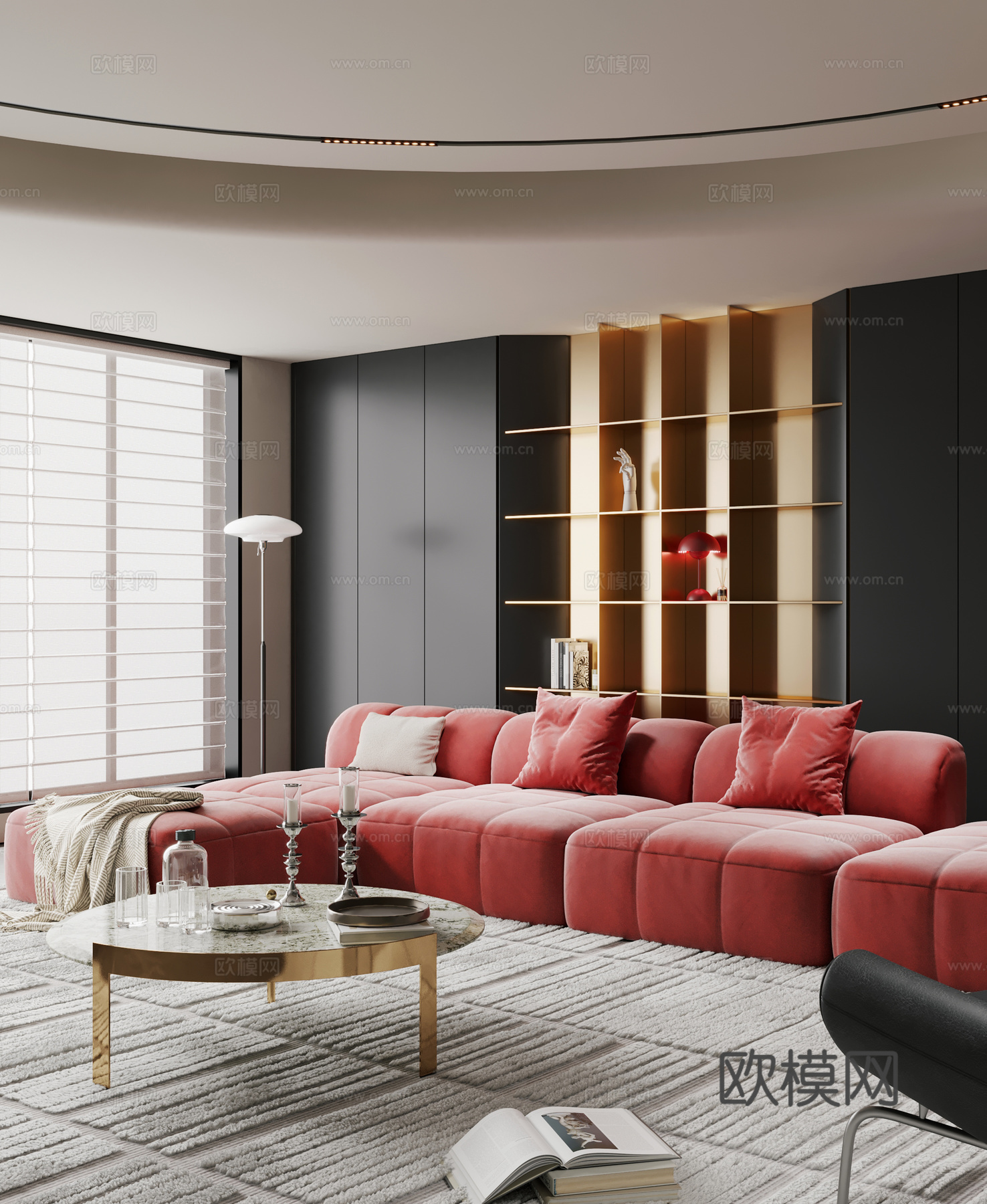 意式轻奢客厅 横厅 大平层  现代轻奢客厅3d模型下载（渲染图1）