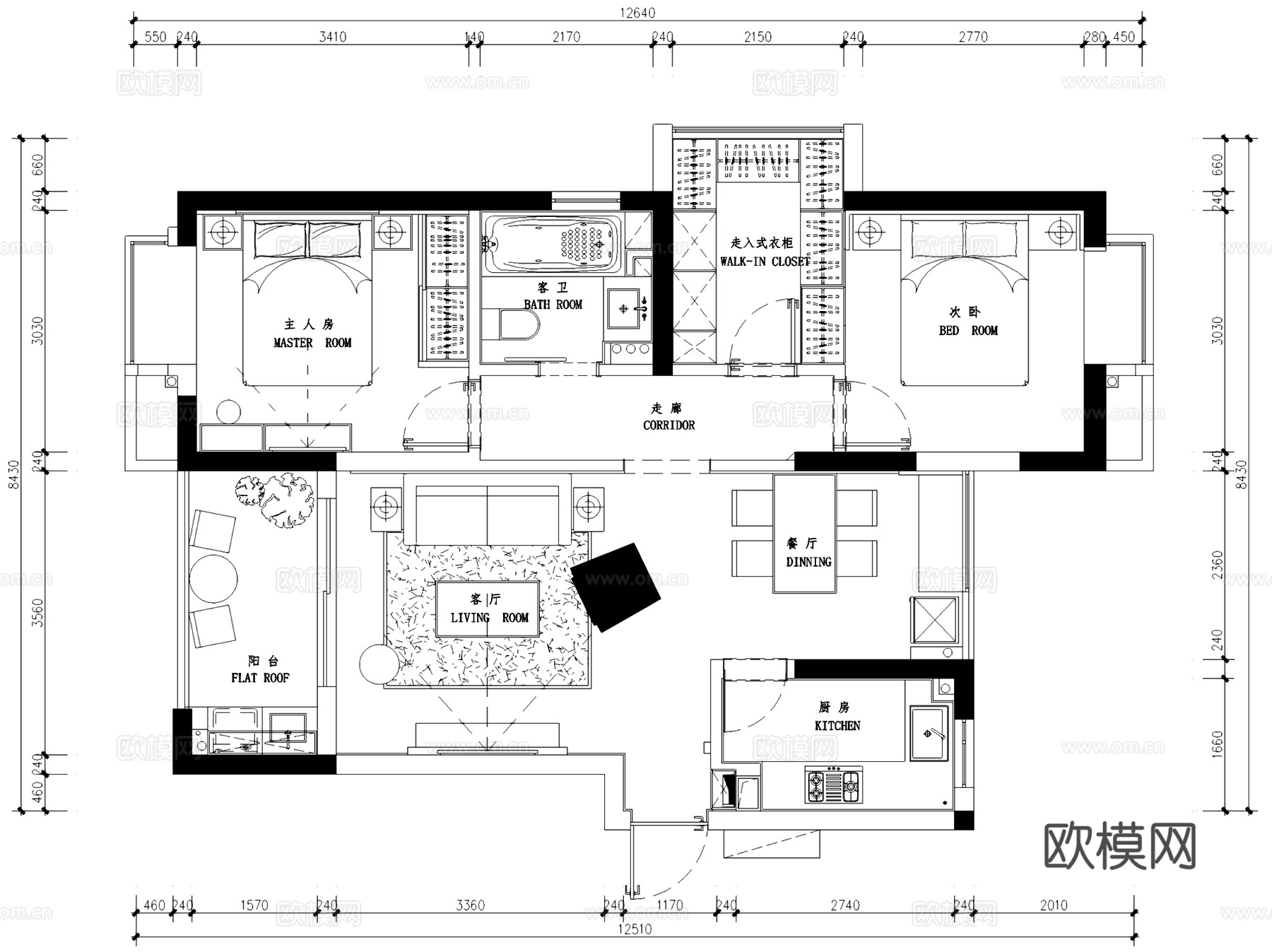 杭州白马山庄3-2203无主灯室内家装CAD施工图整套cad施工图