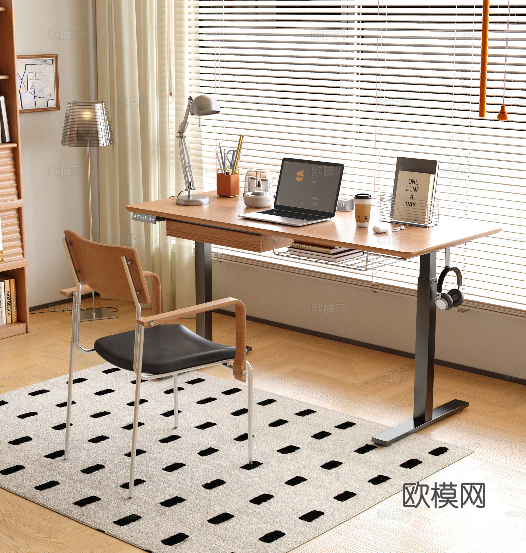 原木升降书桌 中古风升降书桌椅3d模型下载（渲染图1）