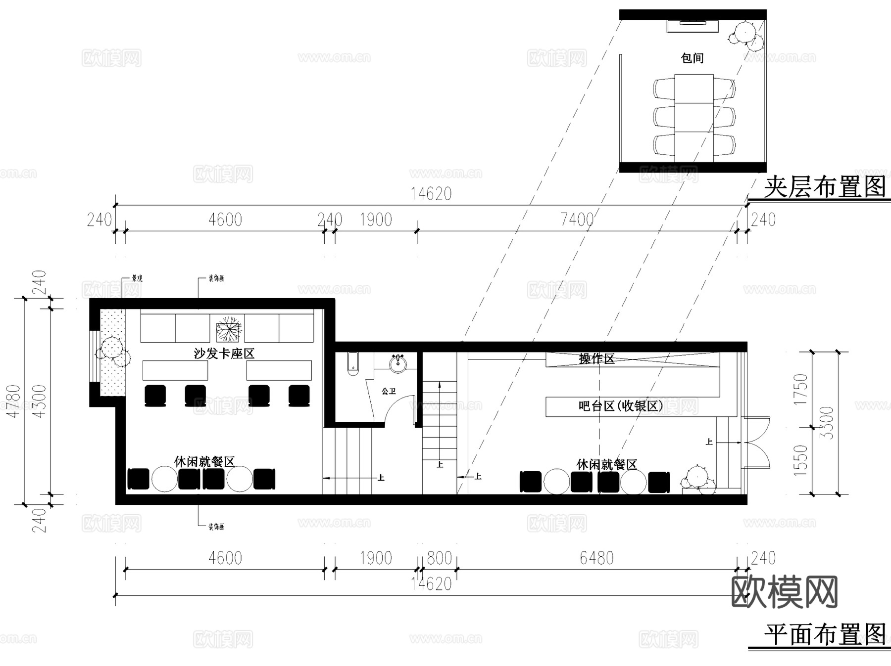二层奶茶店室内工装CAD施工图+SU模型cad施工图