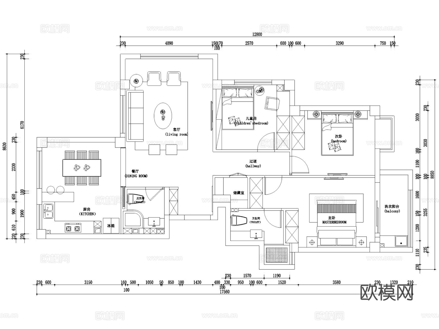 益品居10-601黑白灰无主灯室内家装CAD施工图整套cad施工图
