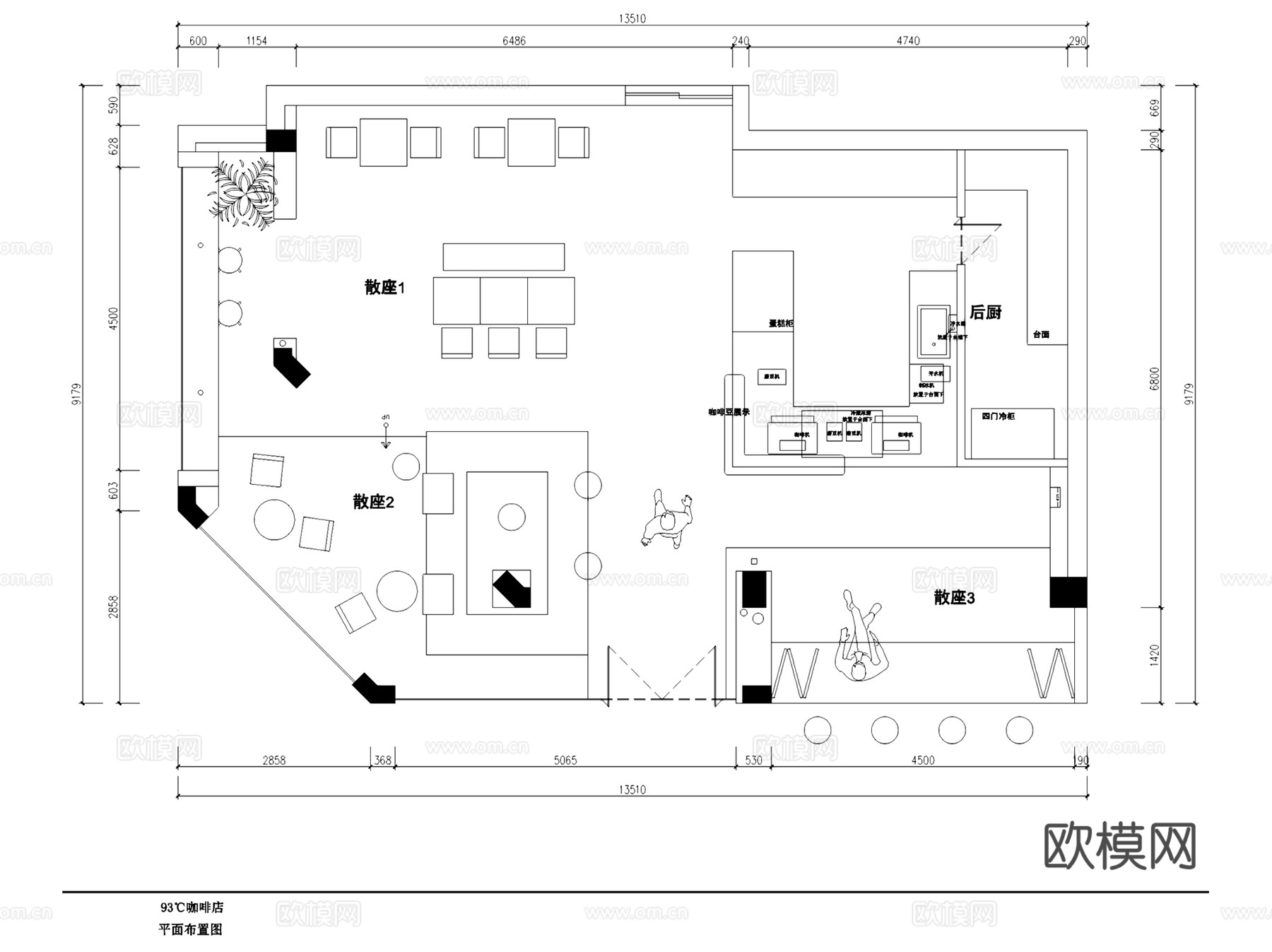 93℃凤林路奶油风咖啡厅室内工装CAD施工图整套+SUcad施工图