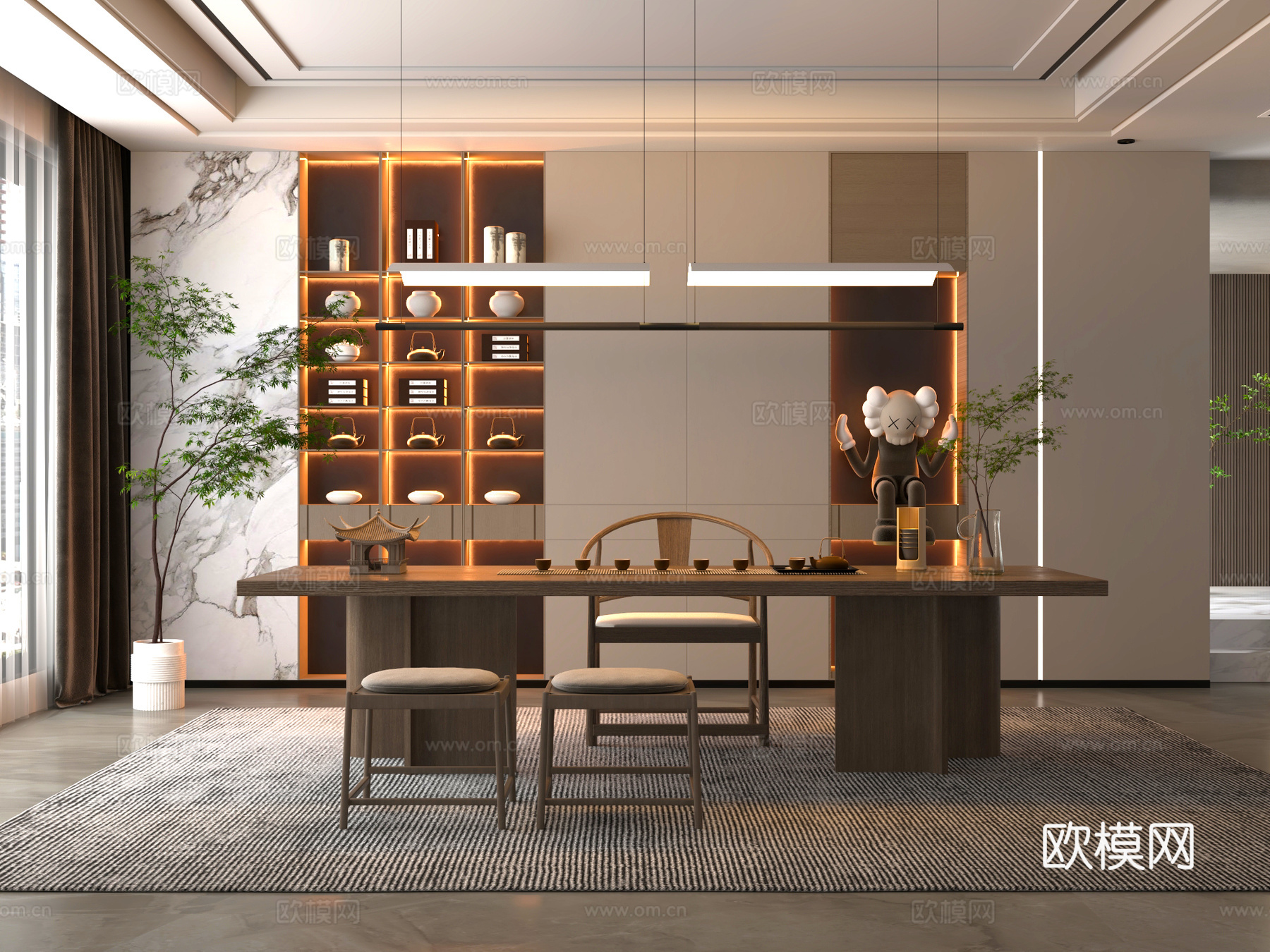桌椅 茶桌椅 洽谈桌椅 博古架 吊灯3d模型下载（渲染图1）