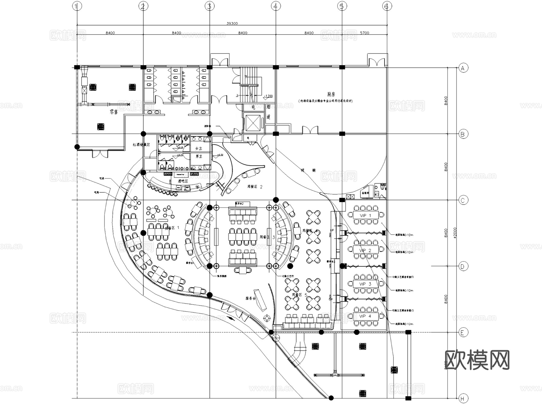 无锡新之城中心广场泰思特西餐厅室内工装CAD施工图整套cad施工图