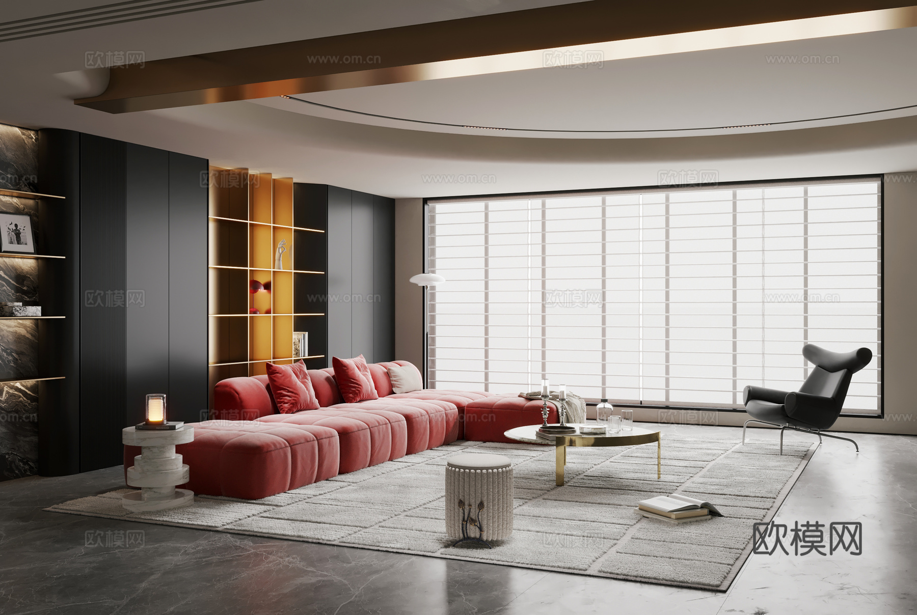 意式轻奢客厅 横厅 大平层  现代轻奢客厅3d模型下载（渲染图3）