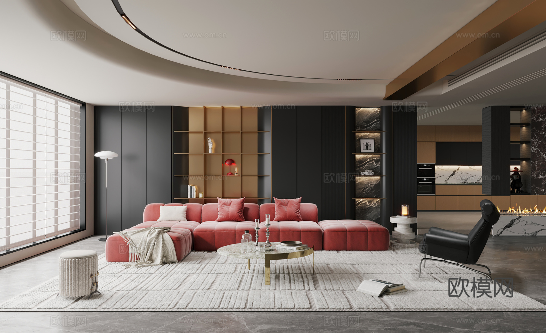 意式轻奢客厅 横厅 大平层  现代轻奢客厅3d模型下载（渲染图2）