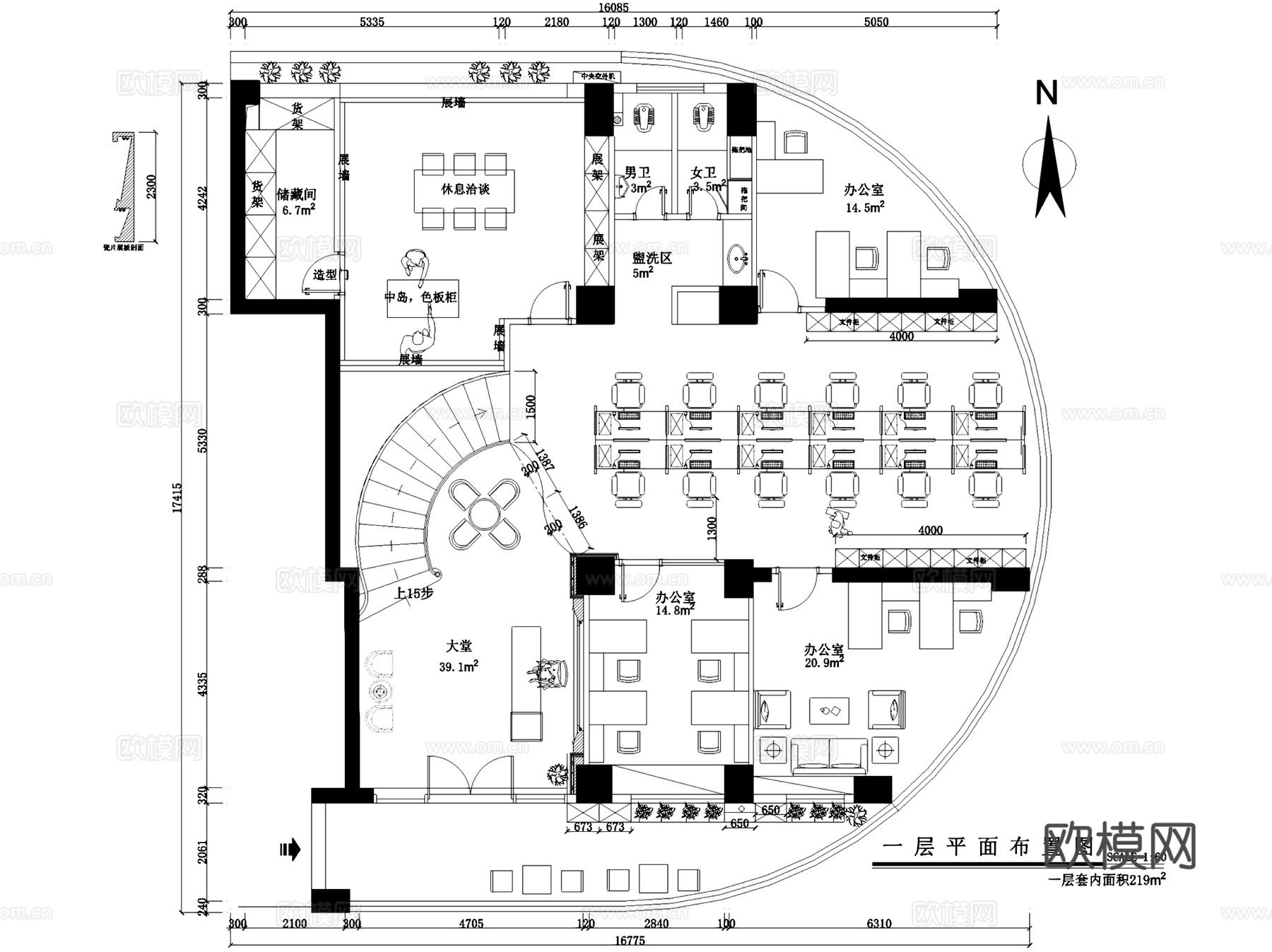 园博1号二层办公室室内工装平面CAD施工图+3Dmax模型cad施工图