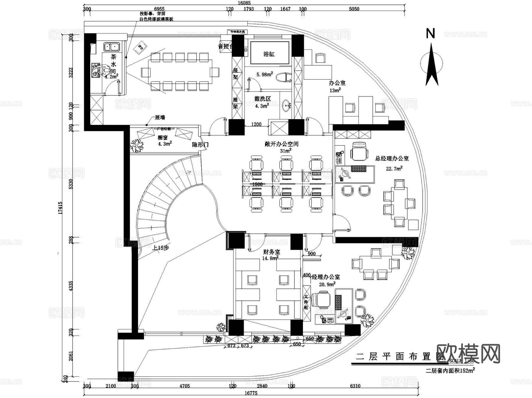 园博1号二层办公室室内工装平面CAD施工图+3Dmax模型cad施工图