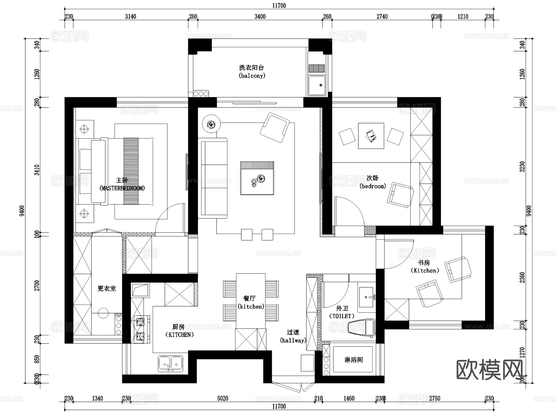 公园天下5-802北欧风两居无主灯室内家装CAD施工图整套cad施工图