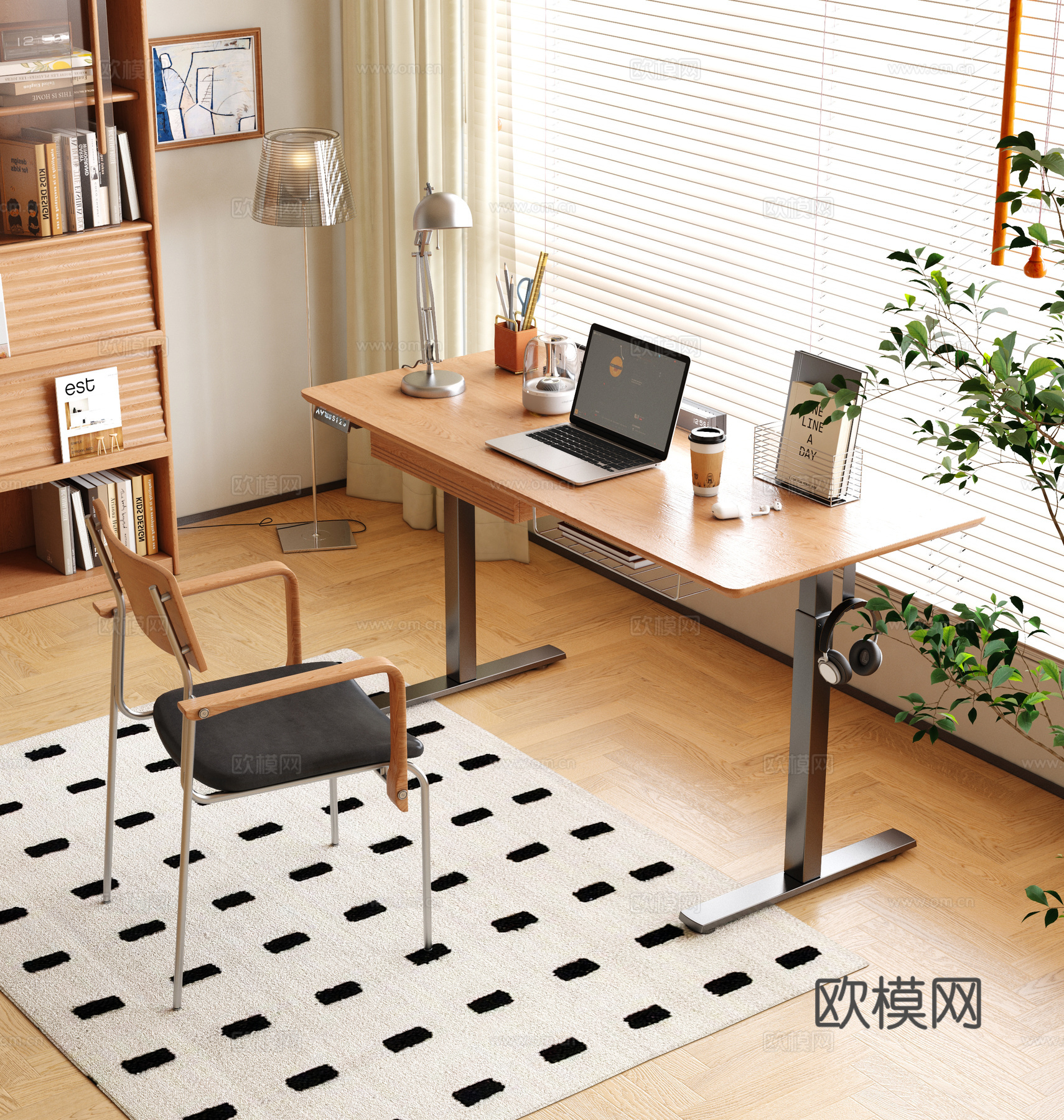 原木升降书桌 中古风升降书桌椅3d模型下载（渲染图2）