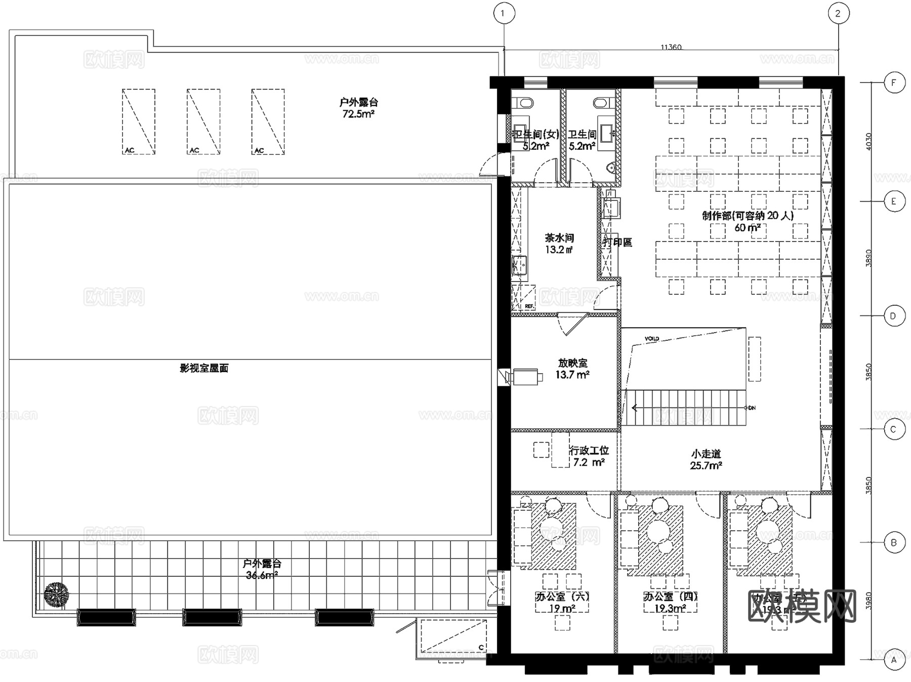 华谊兄弟电影公司二层办公室室内工装CAD施工图整套cad施工图