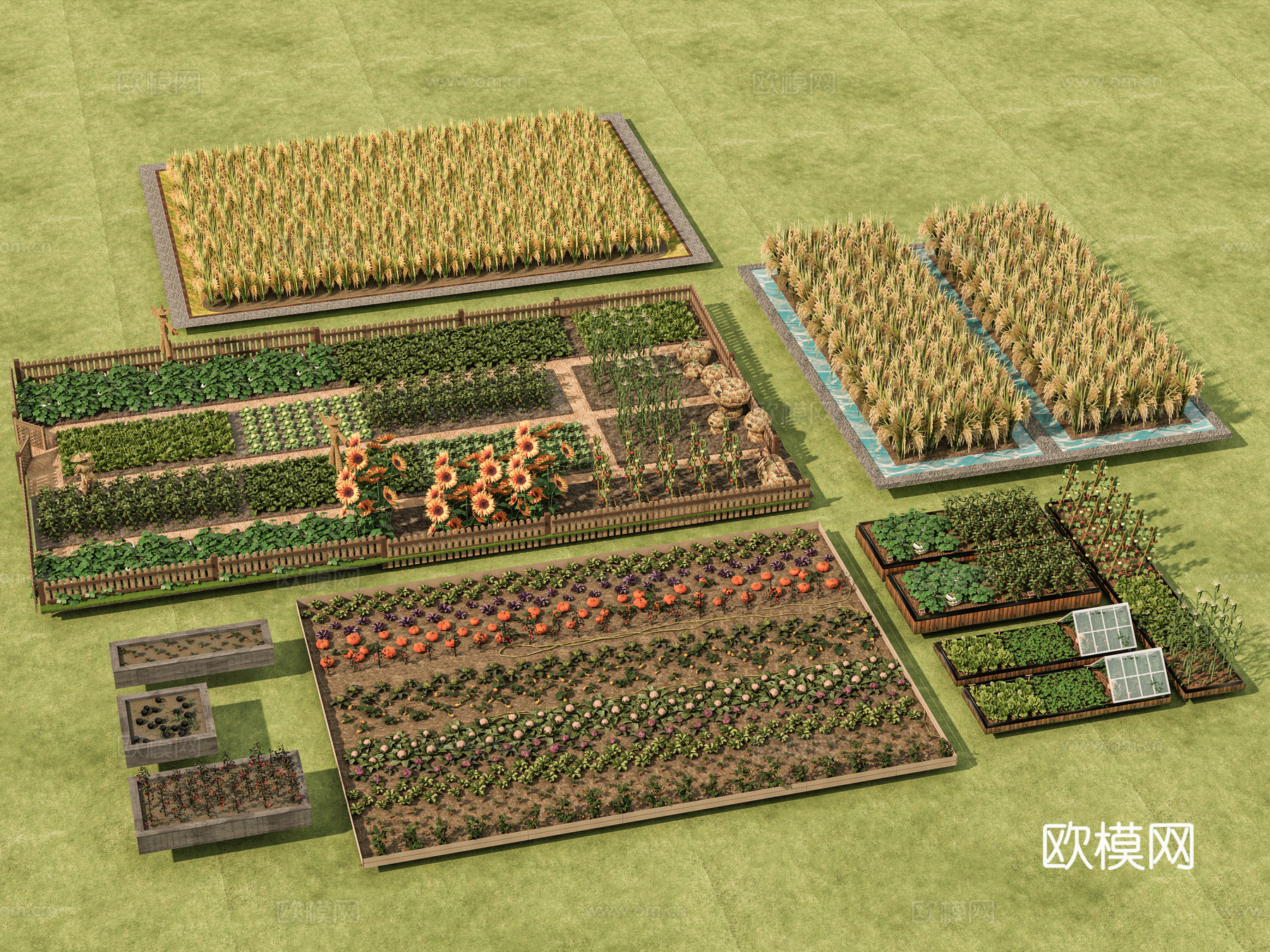 现代新中式农场 乡村公园 农场 菜地 菜园 种植 乡村振兴景3d模型下载