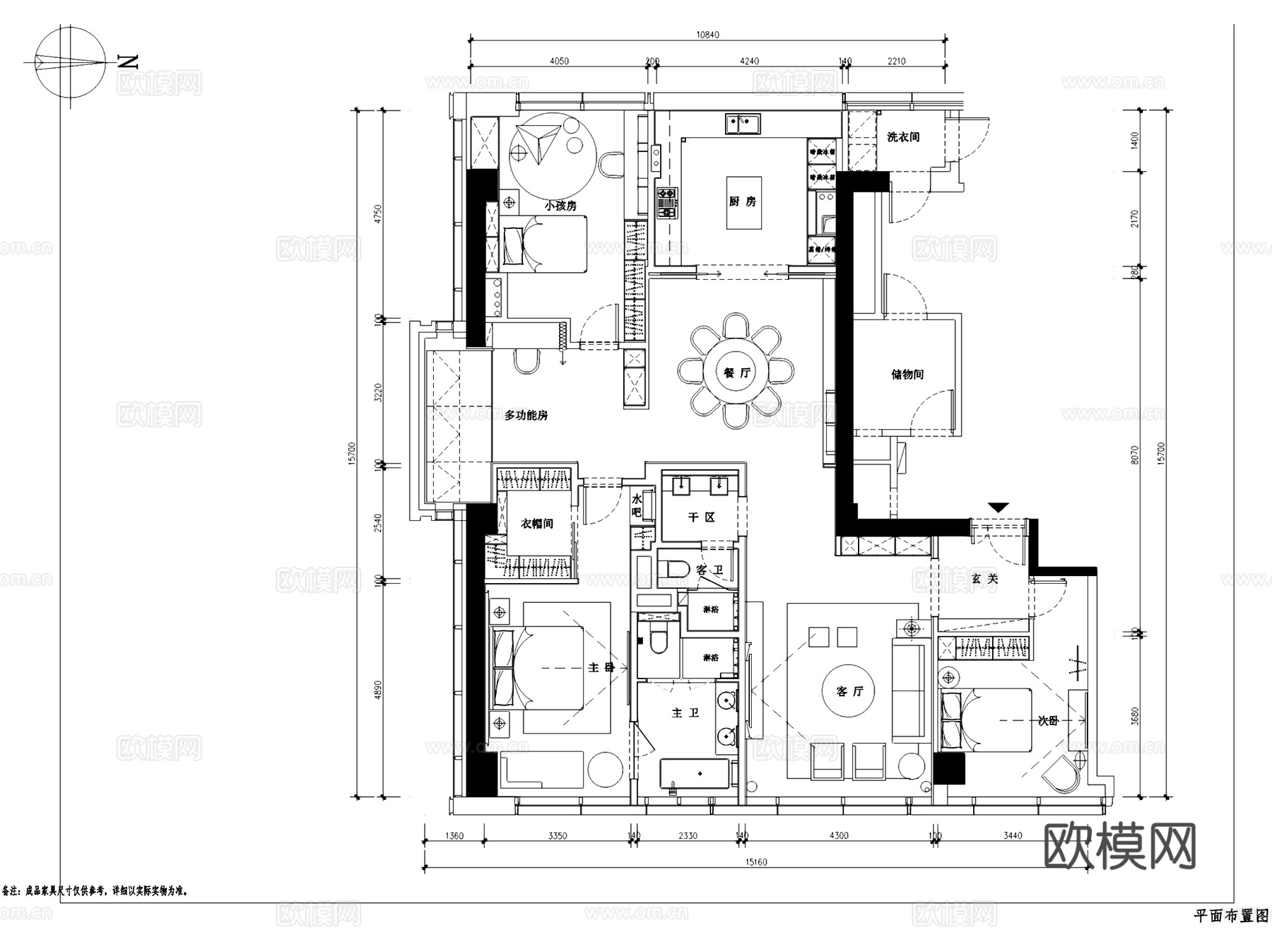 高德置地三室两厅无主灯室内家装CAD施工图整套cad施工图