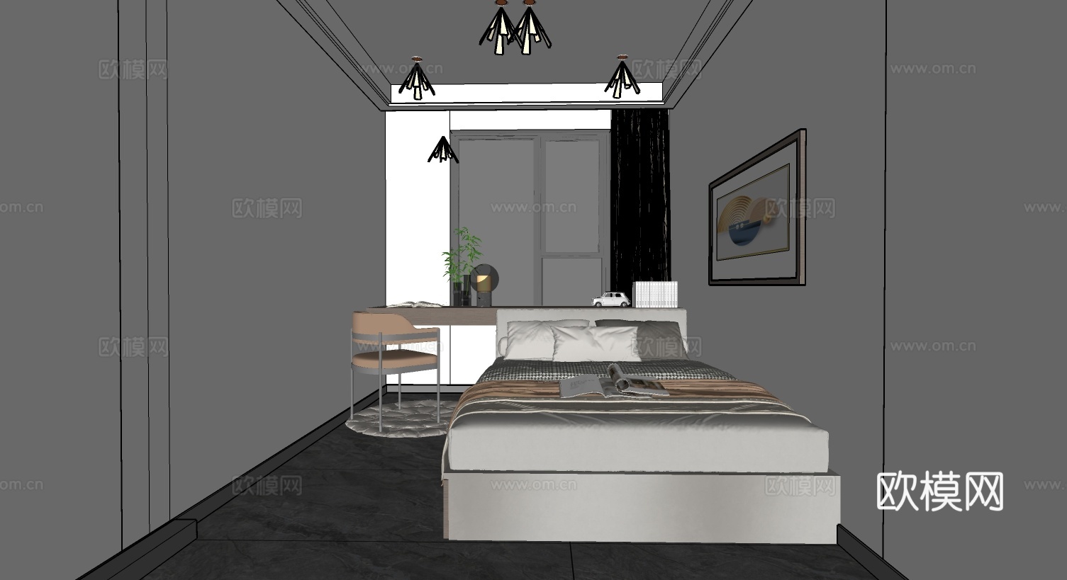现代卧室  卧室  榻榻米床su模型