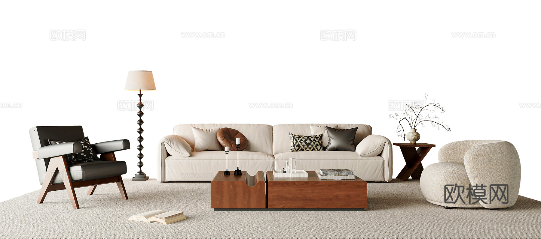 中古风沙发茶几组合 休闲椅 茶几 落地灯 客厅沙发su模型