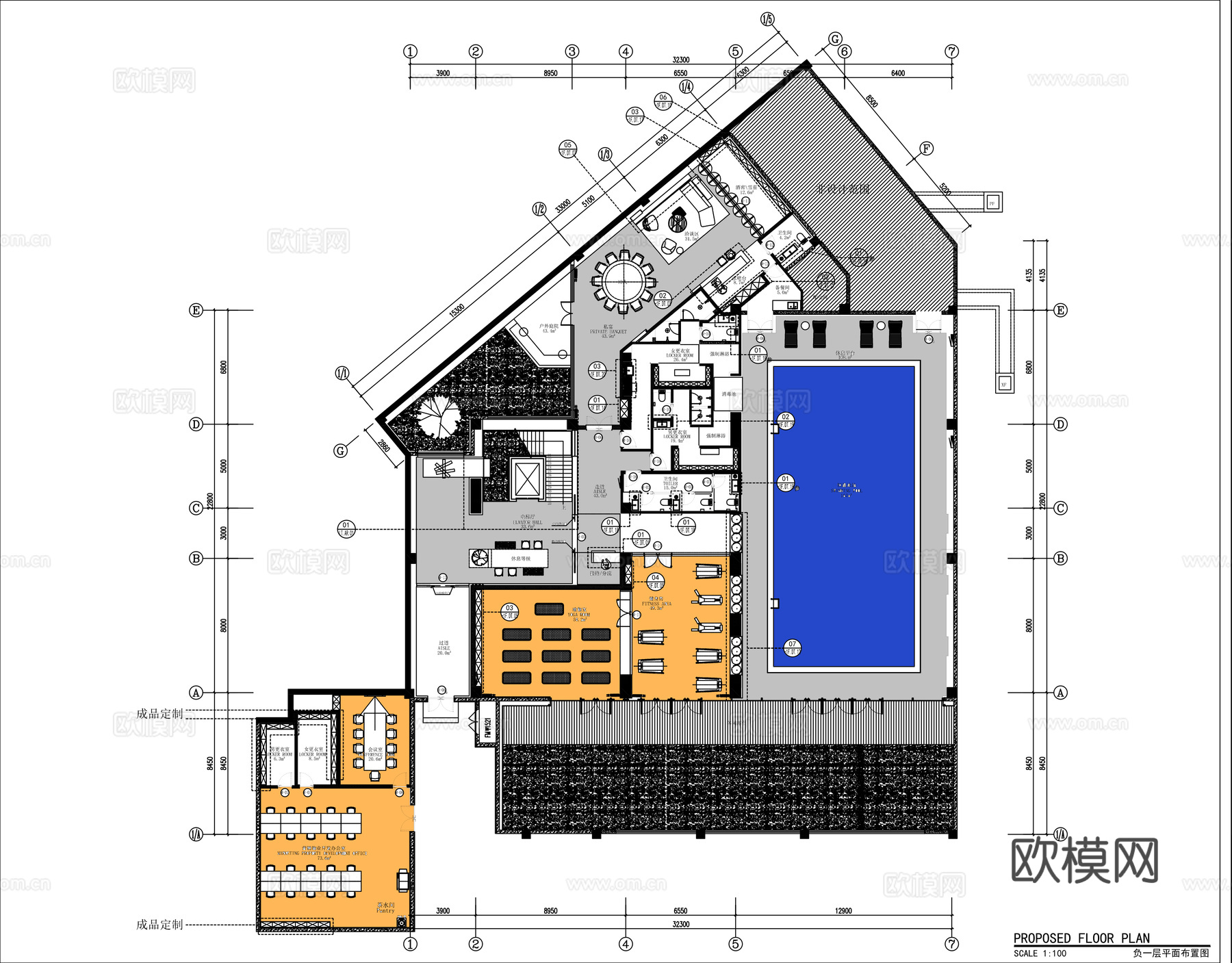 现代健身房 800㎡健身会所 游泳馆 施工图cad施工图
