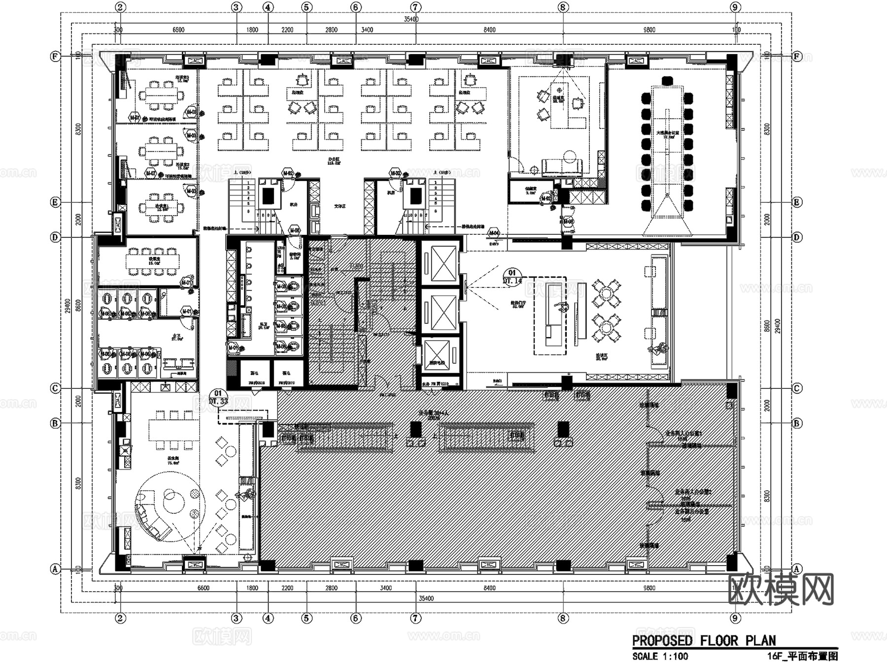 深圳恒荣立方中心16层办公室室内工装CAD施工图整套cad施工图