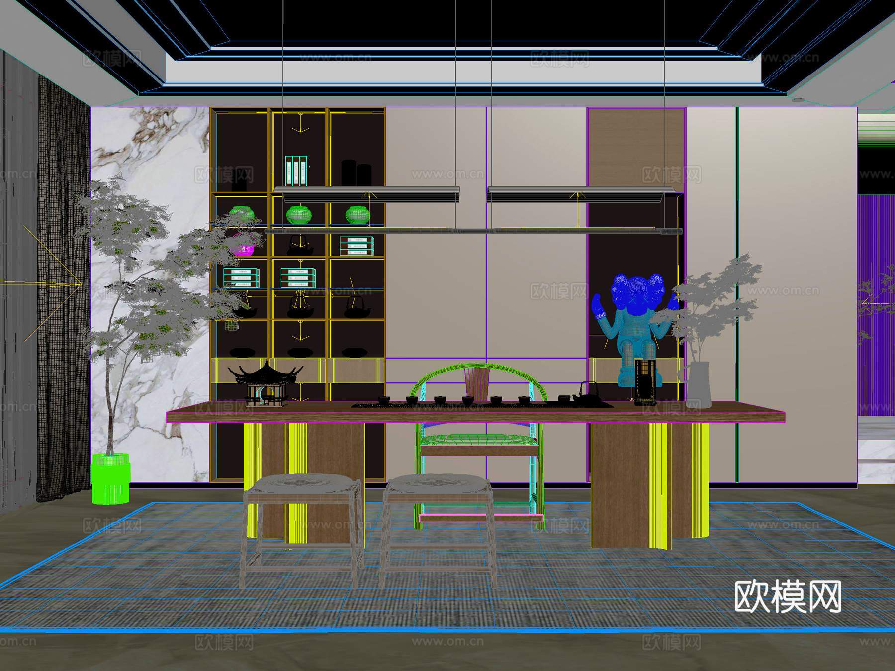 桌椅 茶桌椅 洽谈桌椅 博古架 吊灯3d模型下载（渲染图2）
