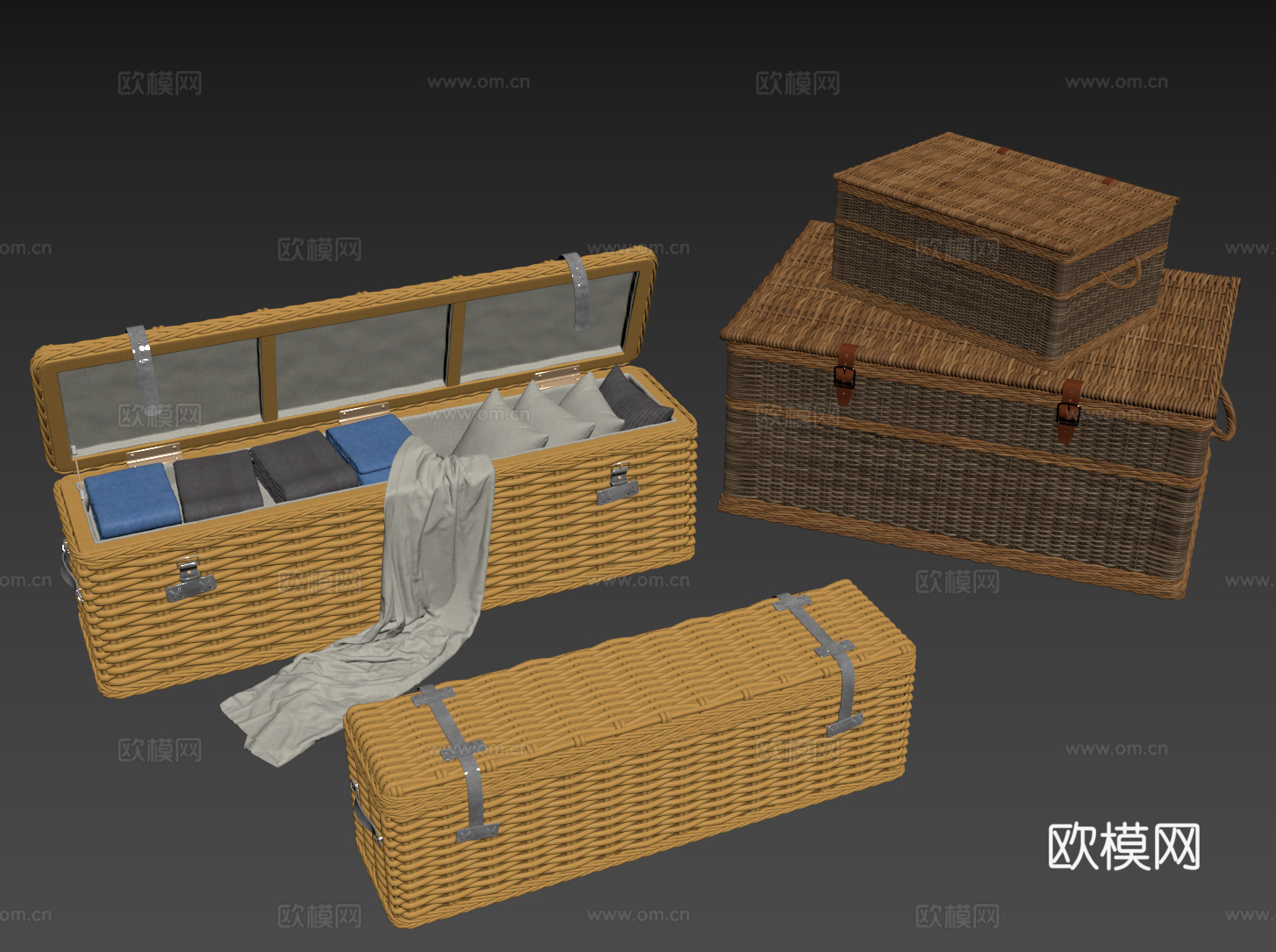 现代行李箱 藤编收纳箱 编制箱su模型