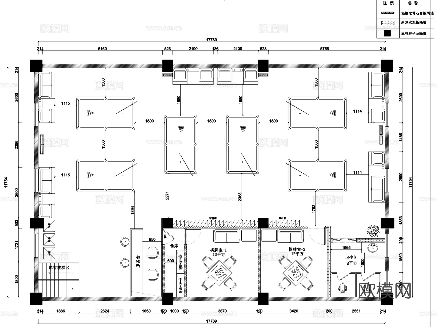 台球厅棋牌室室内工装平面系统图CAD施工图cad施工图