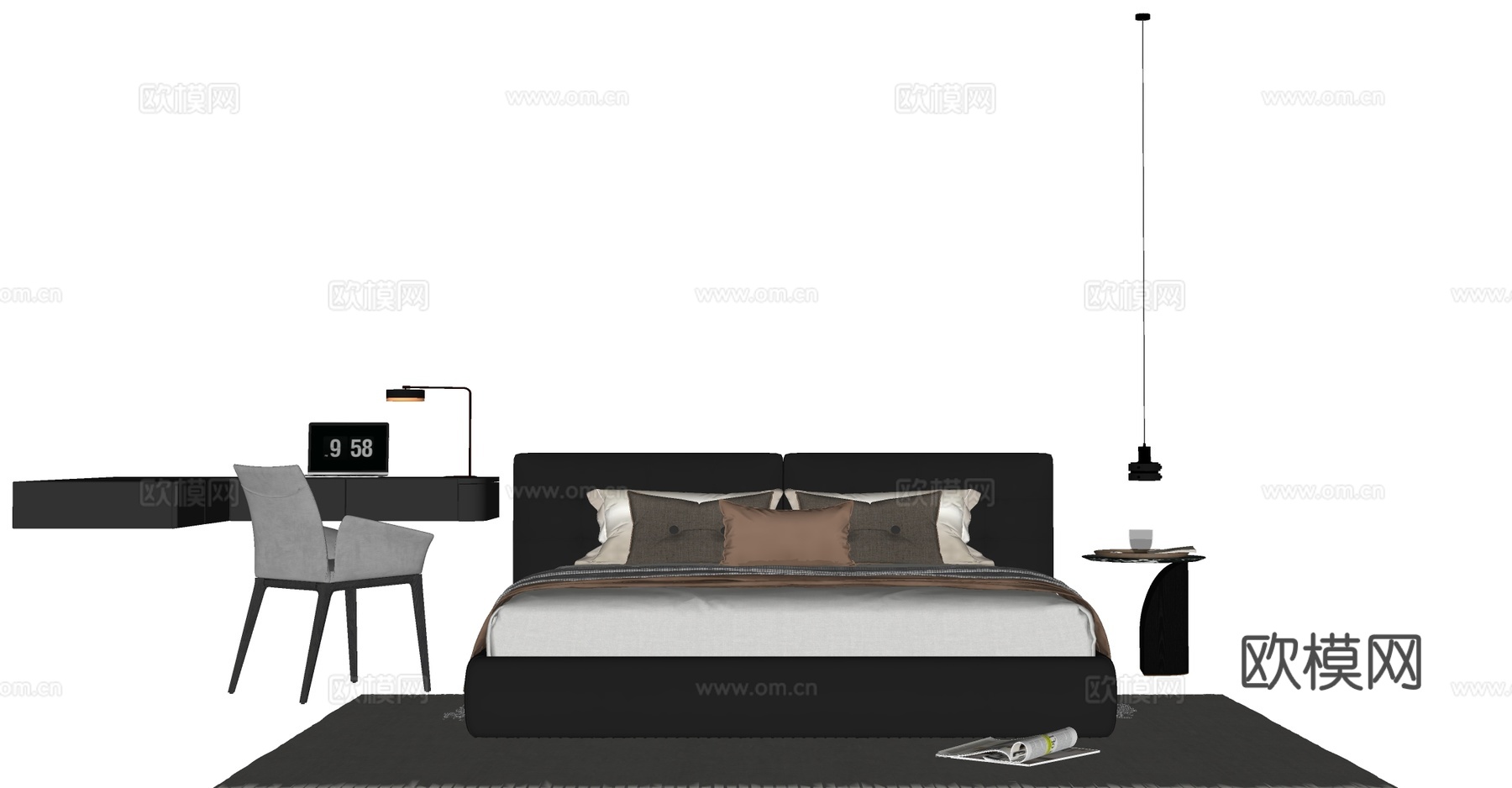现代简约双人床 书桌椅组合 床头柜  床头吊灯 皮质双人床su模型