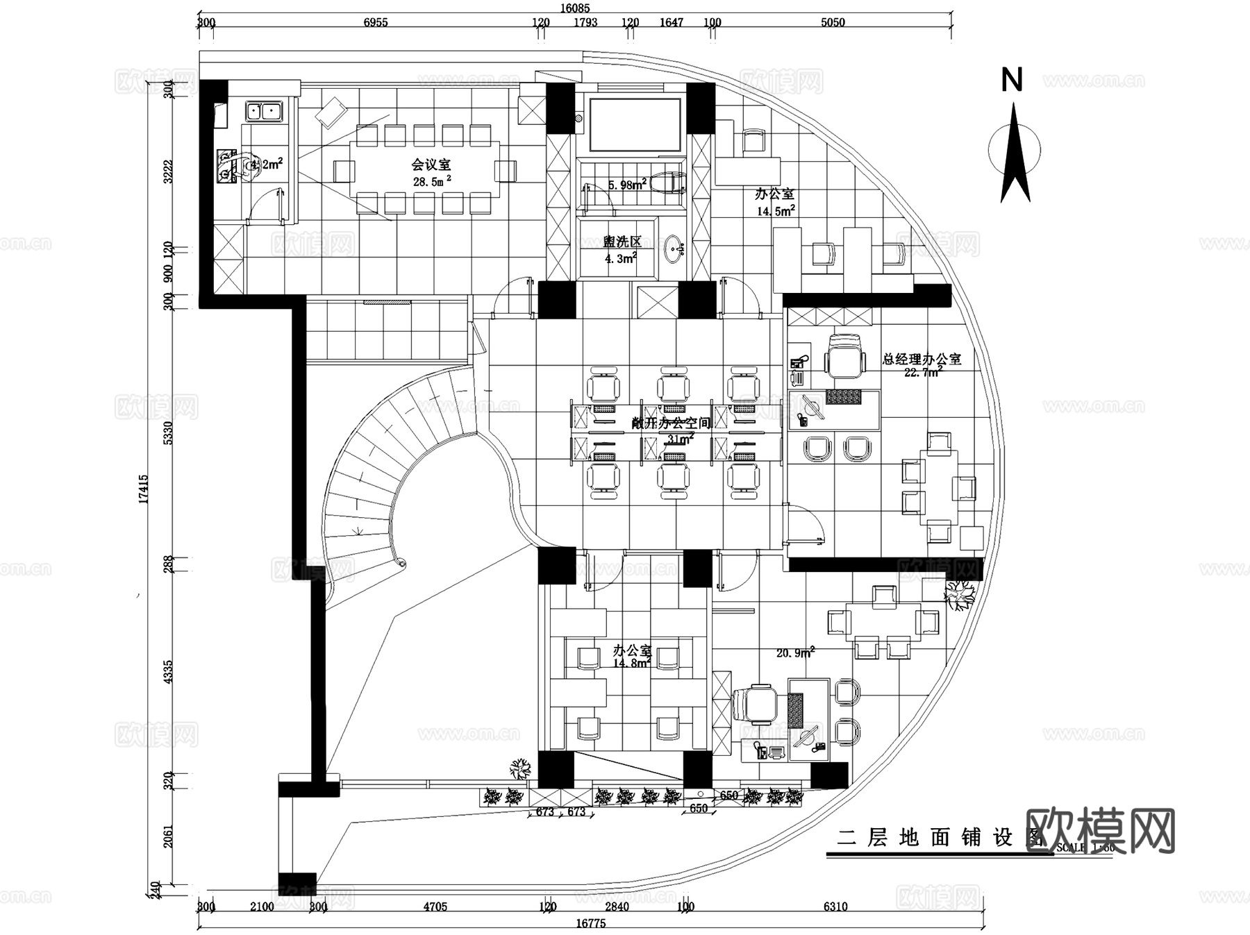 园博1号二层办公室室内工装平面CAD施工图+3Dmax模型cad施工图