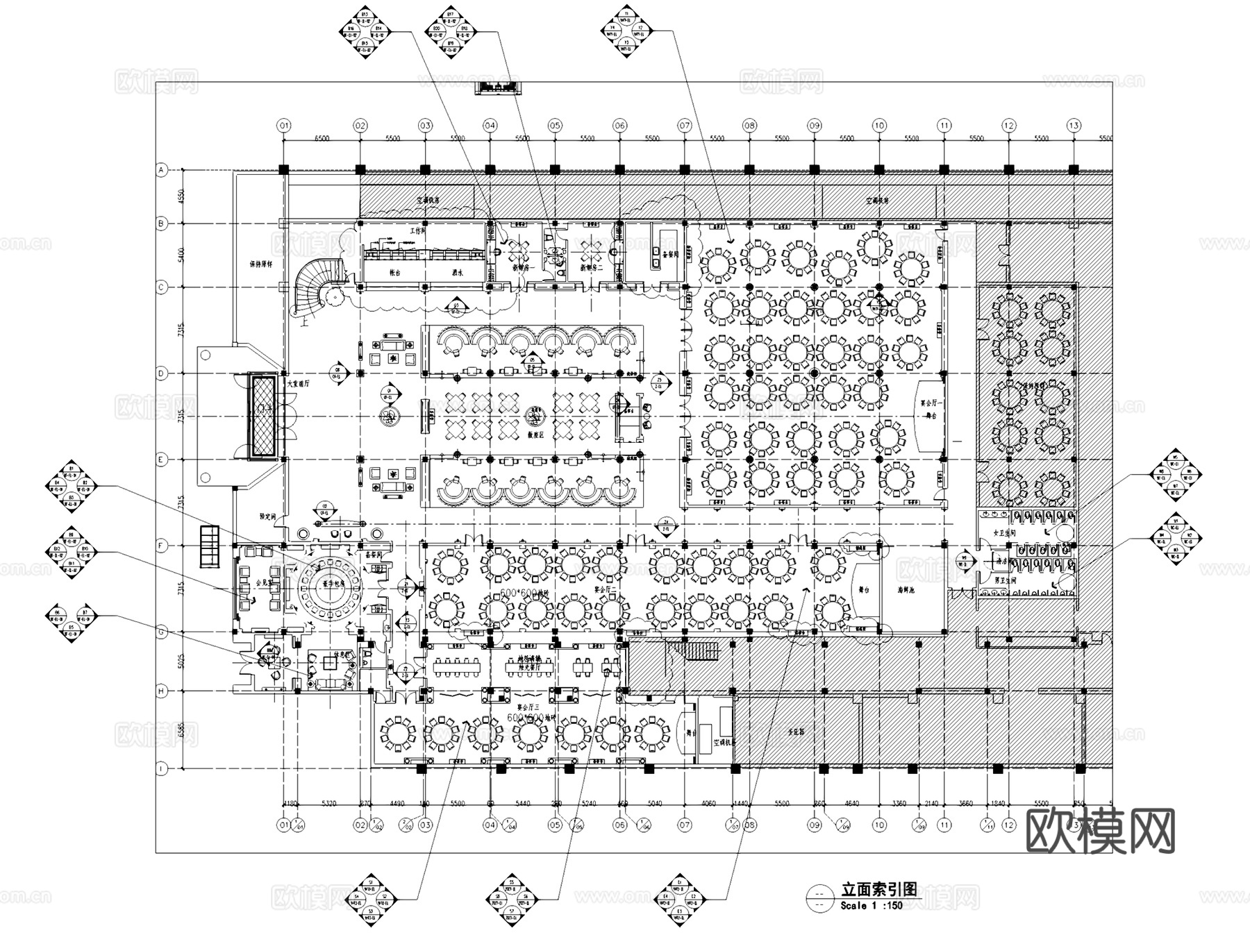 上海红子鸡大酒店一层室内装饰CAD施工图整套cad施工图