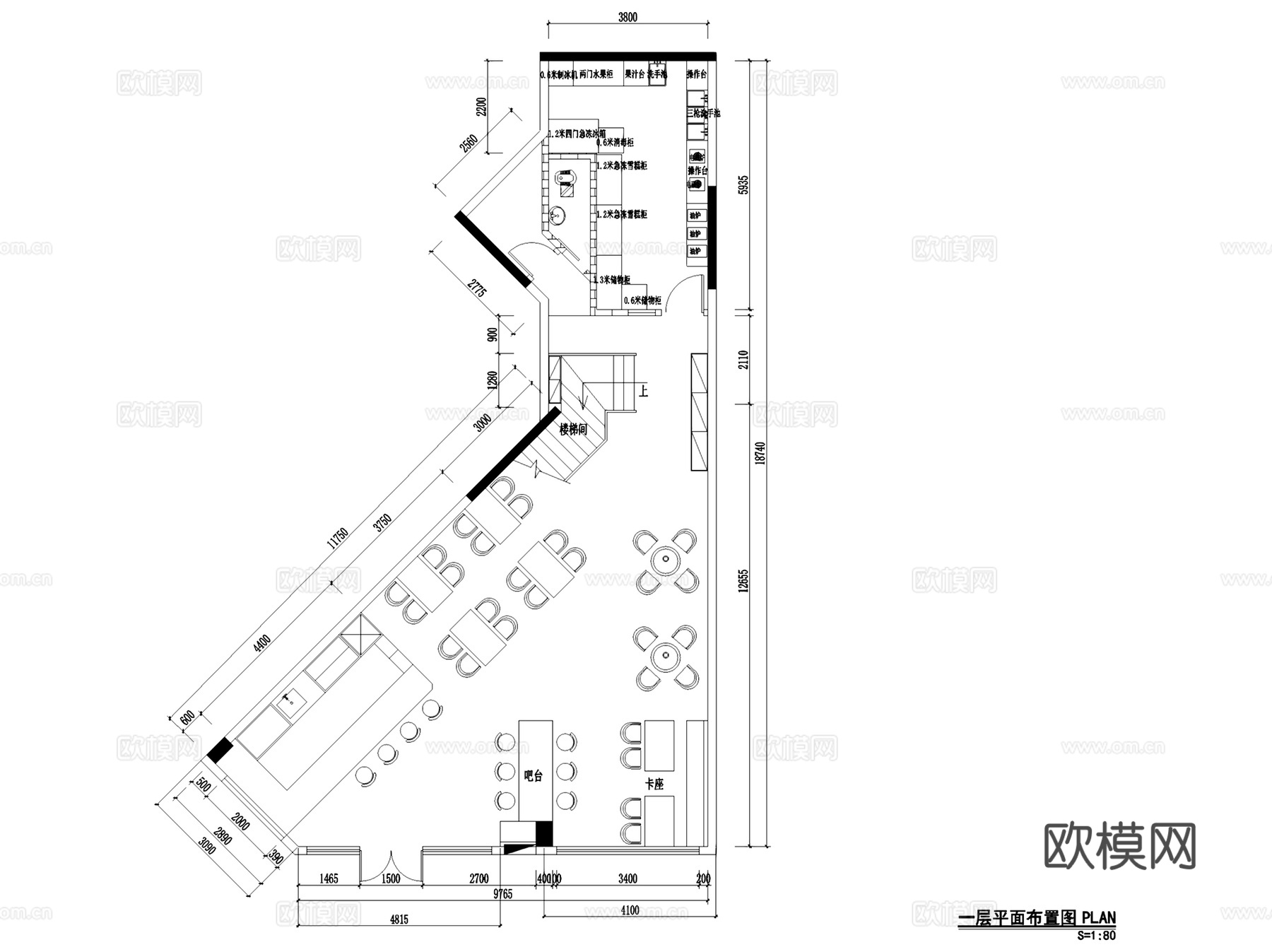 现代二层咖啡店室内工装CAD施工图整套cad施工图